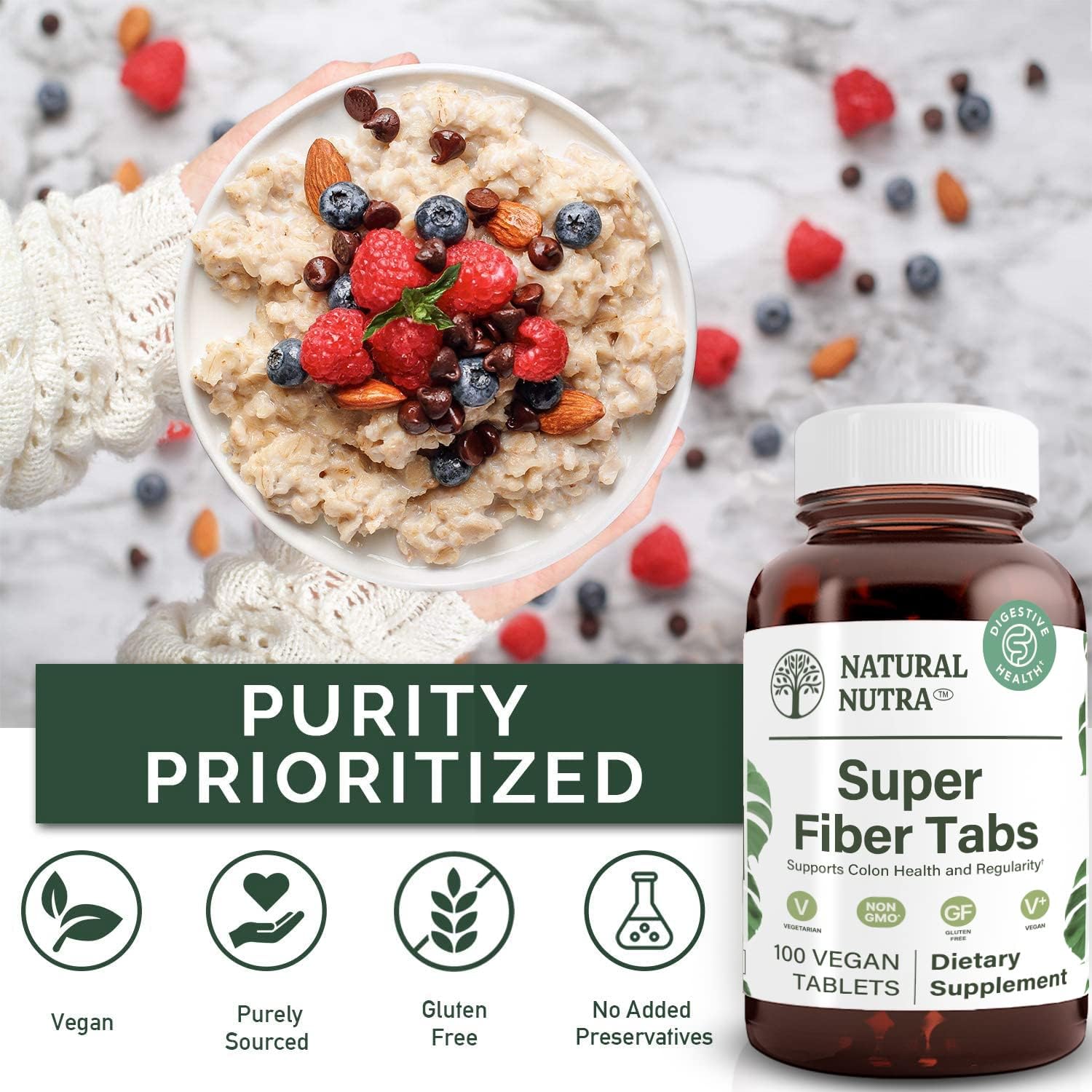 Natural Nutra Super Fiber Supplement for Digestive and Cardiovascular Health - Weight Management, Skin Protection, Heart and Immune Support - Non GMO, Gluten Free, Vegan - 100 Vegan