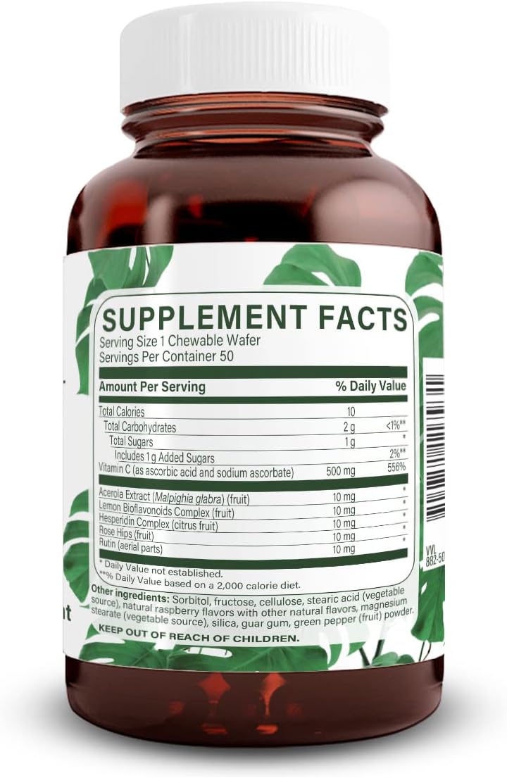 Natural Nutra Vitamin C Supplement - Immune & Bone Health Support for Kids & Adults - Vegan Wafers, 500 mg - Skin & Heart Health Booster