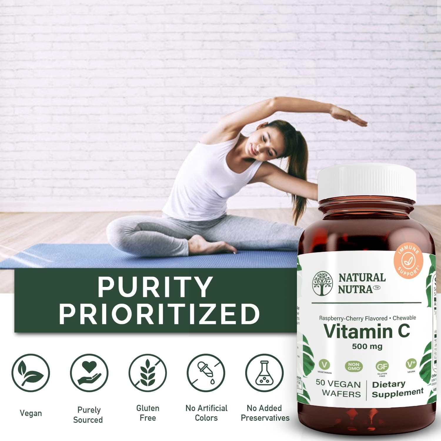 Natural Nutra Vitamin C Supplement - Immune & Bone Health Support for Kids & Adults - Vegan Wafers, 500 mg - Skin & Heart Health Booster