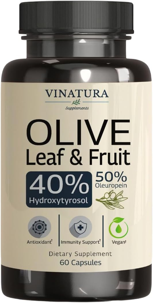 Natural Olive Leaf Extract Supplement with High Hydroxytyrosol and Oleuropein Content - 60 Capsules