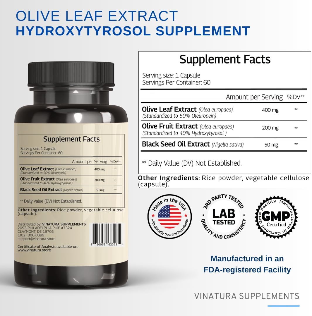 Natural Olive Leaf Extract Supplement with High Hydroxytyrosol and Oleuropein Content - 60 Capsules