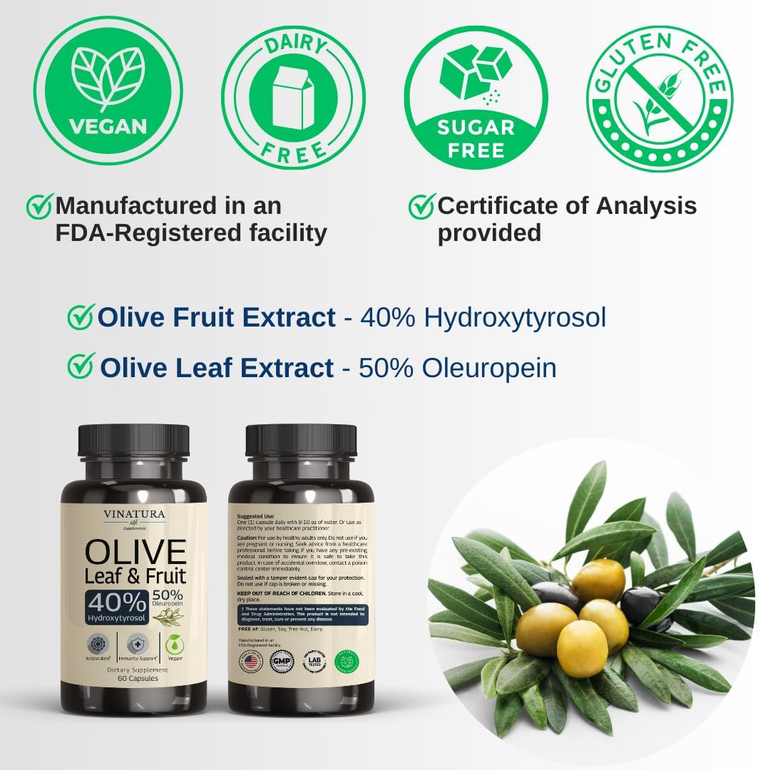 Natural Olive Leaf Extract Supplement with High Hydroxytyrosol and Oleuropein Content - 60 Capsules