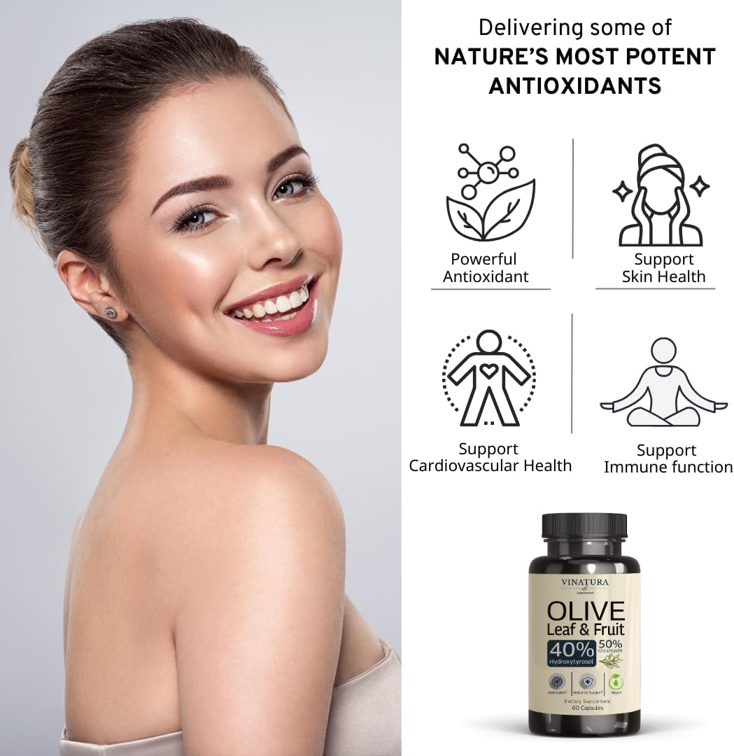 Natural Olive Leaf Extract Supplement with High Hydroxytyrosol and Oleuropein Content - 60 Capsules