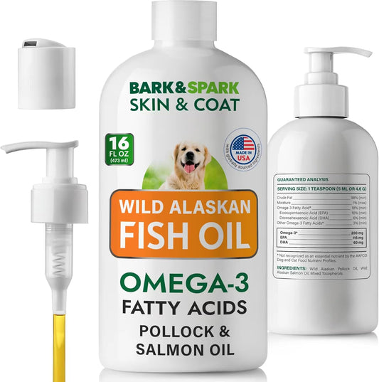 Natural Omega-3 Fish Oil Liquid Supplement for Dogs & Cats - Skin & Coat Support - Joint, Immune, & Heart Health - 14oz