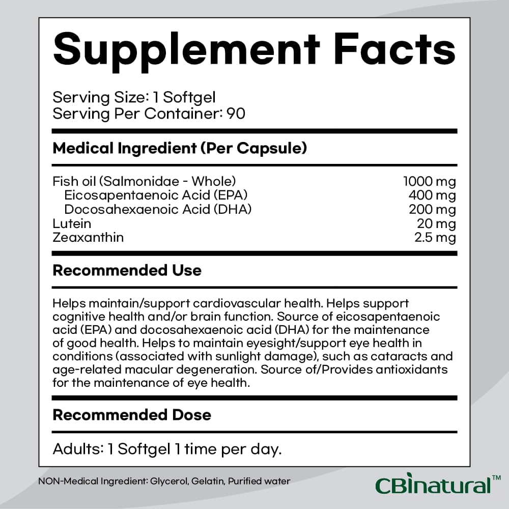 Natural Omega-3 Supplement with Lutein and Zeaxanthin for Eye Health - 90 Softgels
