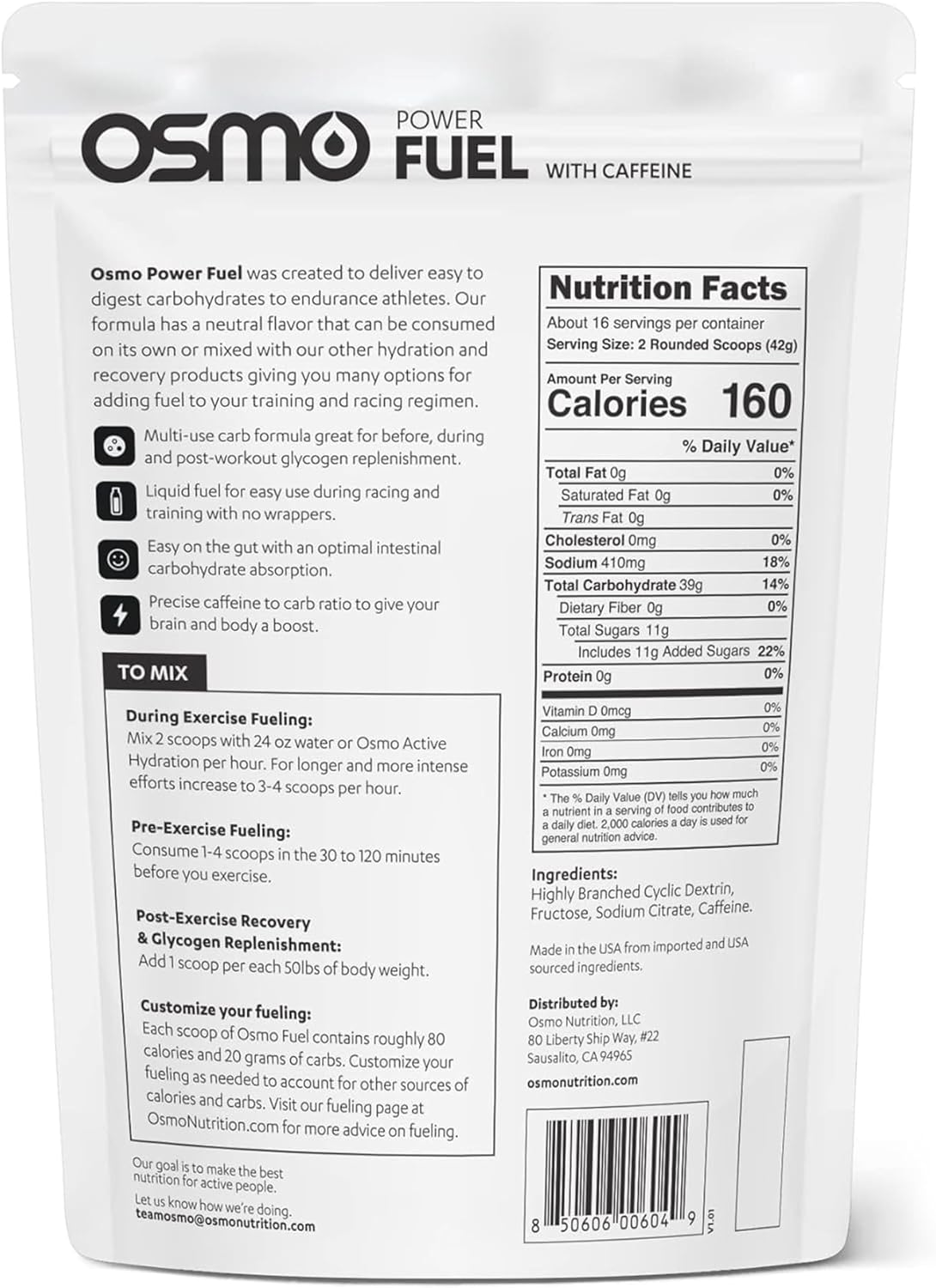 Natural Osmo Power Fuel Powder with Caffeine for Rapid Absorption - Carbohydrate Blend with Cluster Dextrin, Sodium, and Fructose - Neutral Flavor - 16 Servings