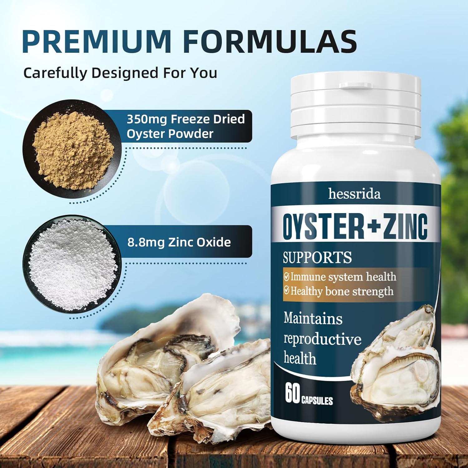Natural Oyster Extract Capsules with Zinc for Immune System, Reproductive Health, and Bone Strength - 60 Capsules