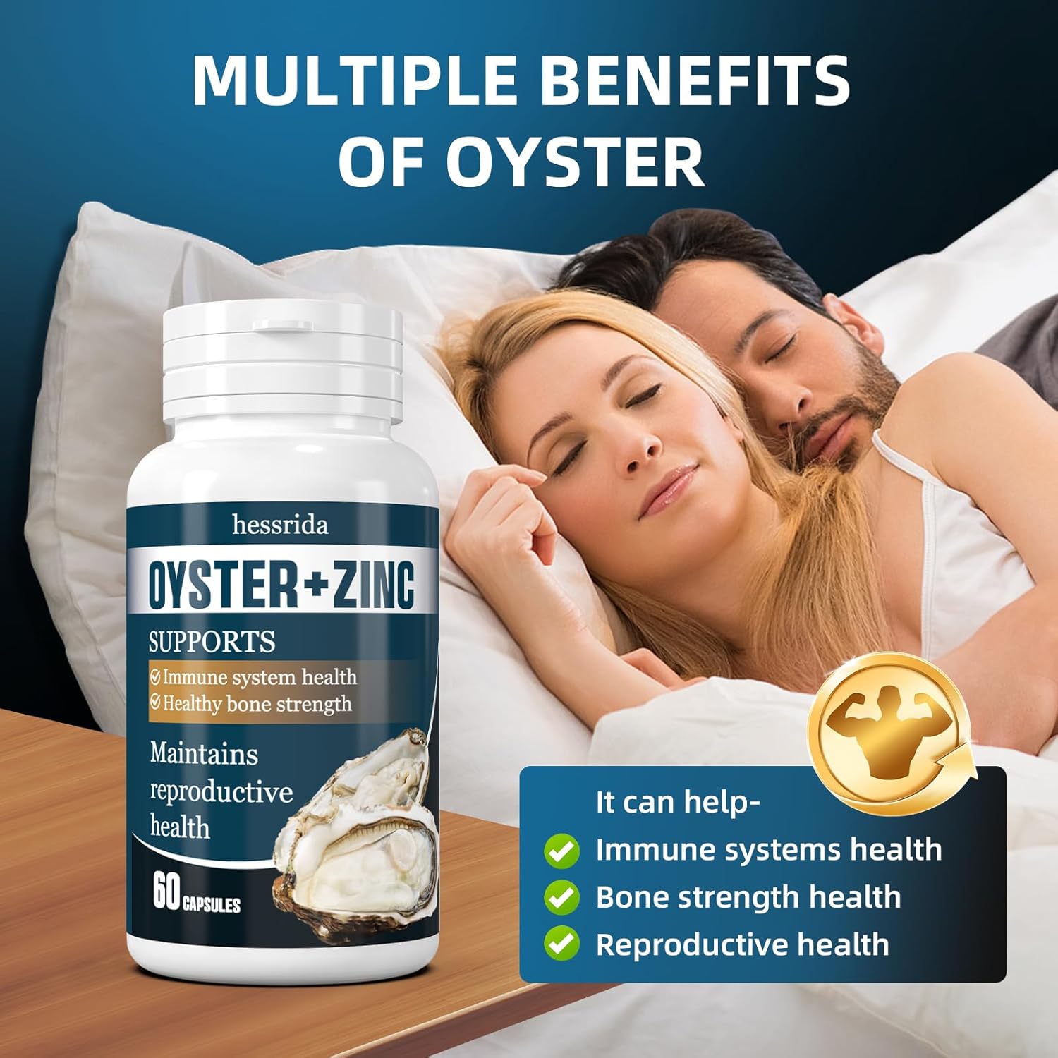 Natural Oyster Extract Capsules with Zinc for Immune System, Reproductive Health, and Bone Strength - 60 Capsules