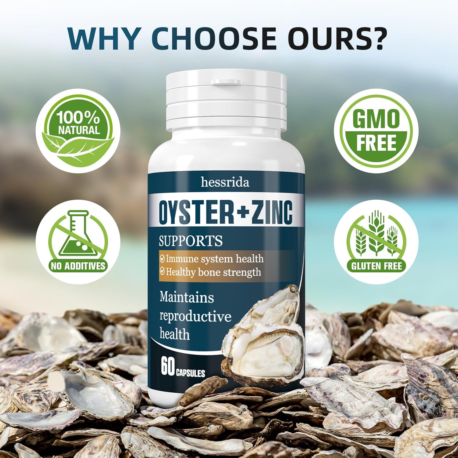 Natural Oyster Extract Capsules with Zinc for Immune System, Reproductive Health, and Bone Strength - 60 Capsules