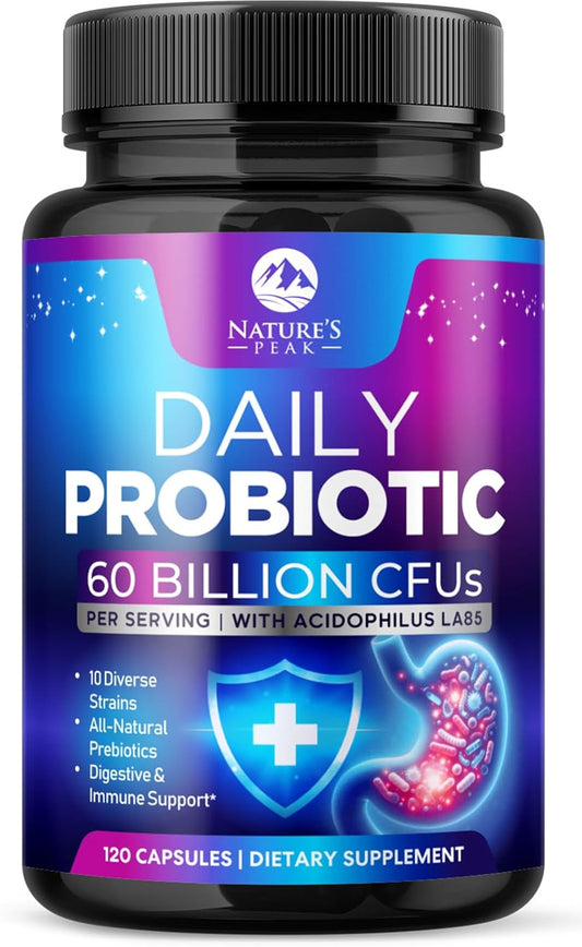 Natural Peak 60 Billion CFU Probiotic Supplement with Prebiotics for Gut Health - 10 Strains + 4 Prebiotics, Digestive Nutritional Support for Men & Women, 120 Capsules