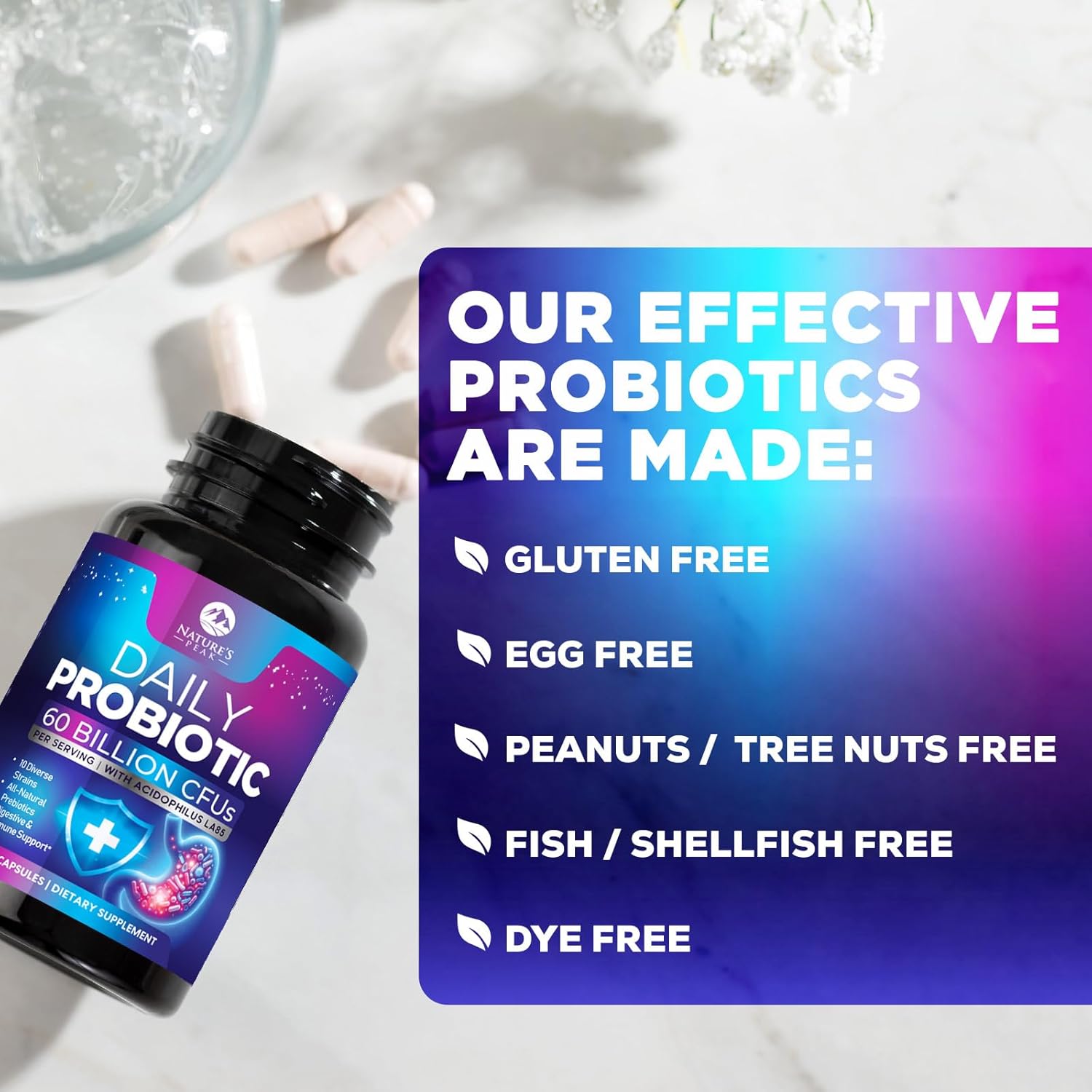 Natural Peak 60 Billion CFU Probiotic Supplement with Prebiotics for Gut Health - 10 Strains + 4 Prebiotics, Digestive Nutritional Support for Men & Women, 120 Capsules