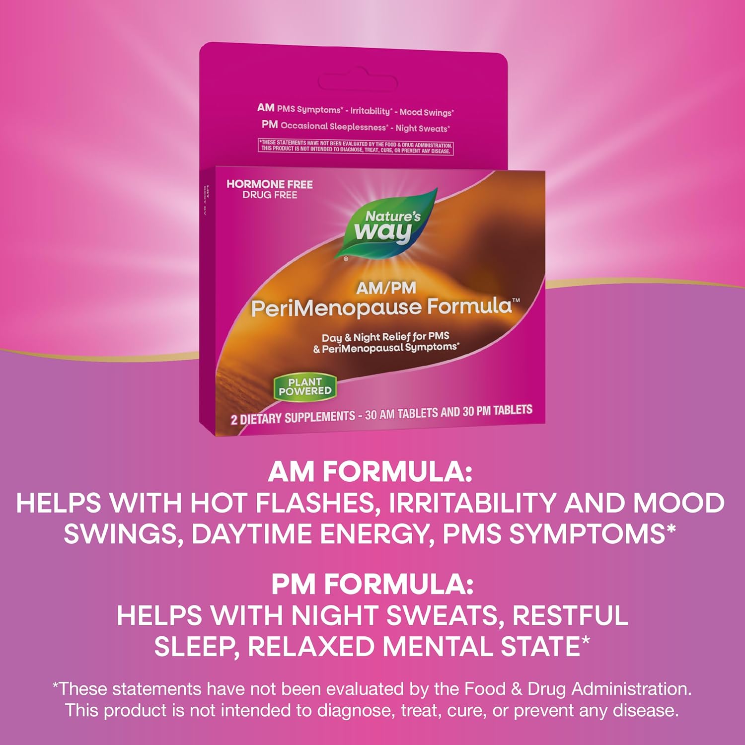 Natural Perimenopause and PMS Symptom Support Tablets for Hot Flashes, Restful Sleep - Hormone-Free Formula, 30 AM & 30 PM Tablets