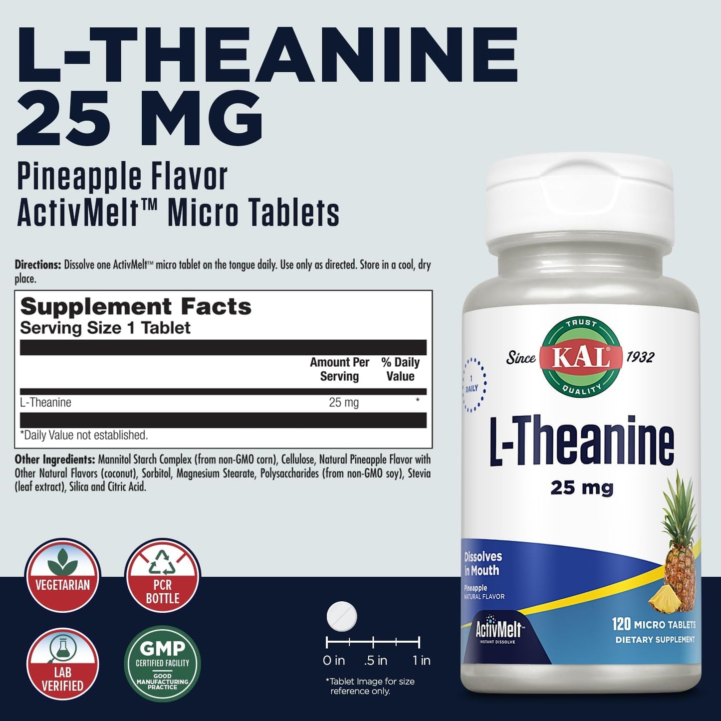 Natural Pineapple Flavored KAL L Theanine 25 mg ActivMelt - Stress Relief and Focus Supplement - Vegetarian - 120 Servings