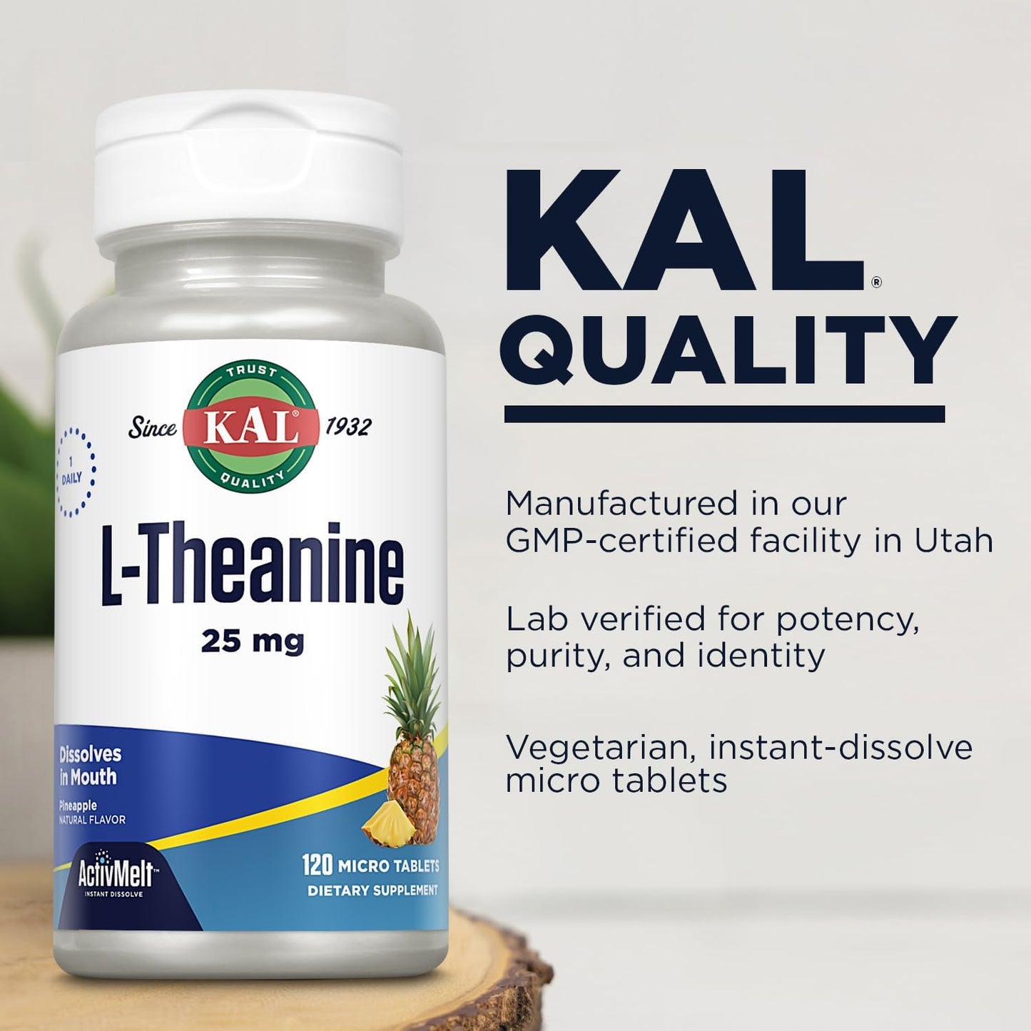 Natural Pineapple Flavored KAL L Theanine 25 mg ActivMelt - Stress Relief and Focus Supplement - Vegetarian - 120 Servings