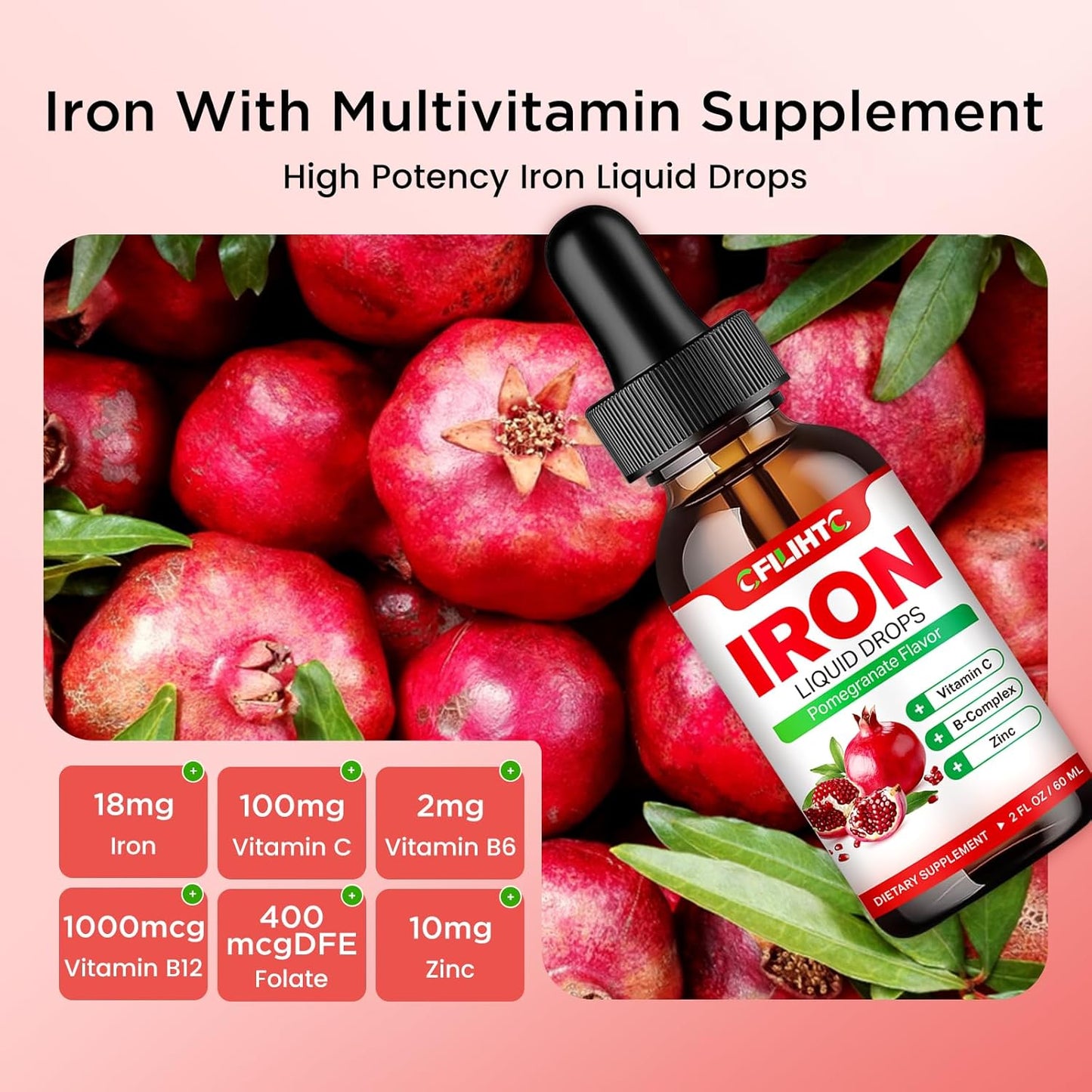 Natural Pomegranate Liquid Iron Supplement with Multivitamins for Anemia & Energy - Vegan Formula for Women, Men, & Kids - 2 Fl Oz