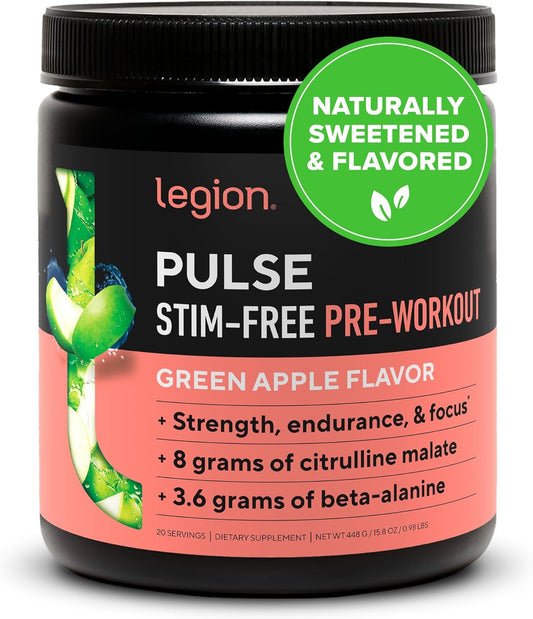 Natural Pre-Workout Drink for Energy Boost - Citrulline, Beta Alanine, Alpha GPC, Caffeine-Free Green Apple - LEGION Pulse Supplement