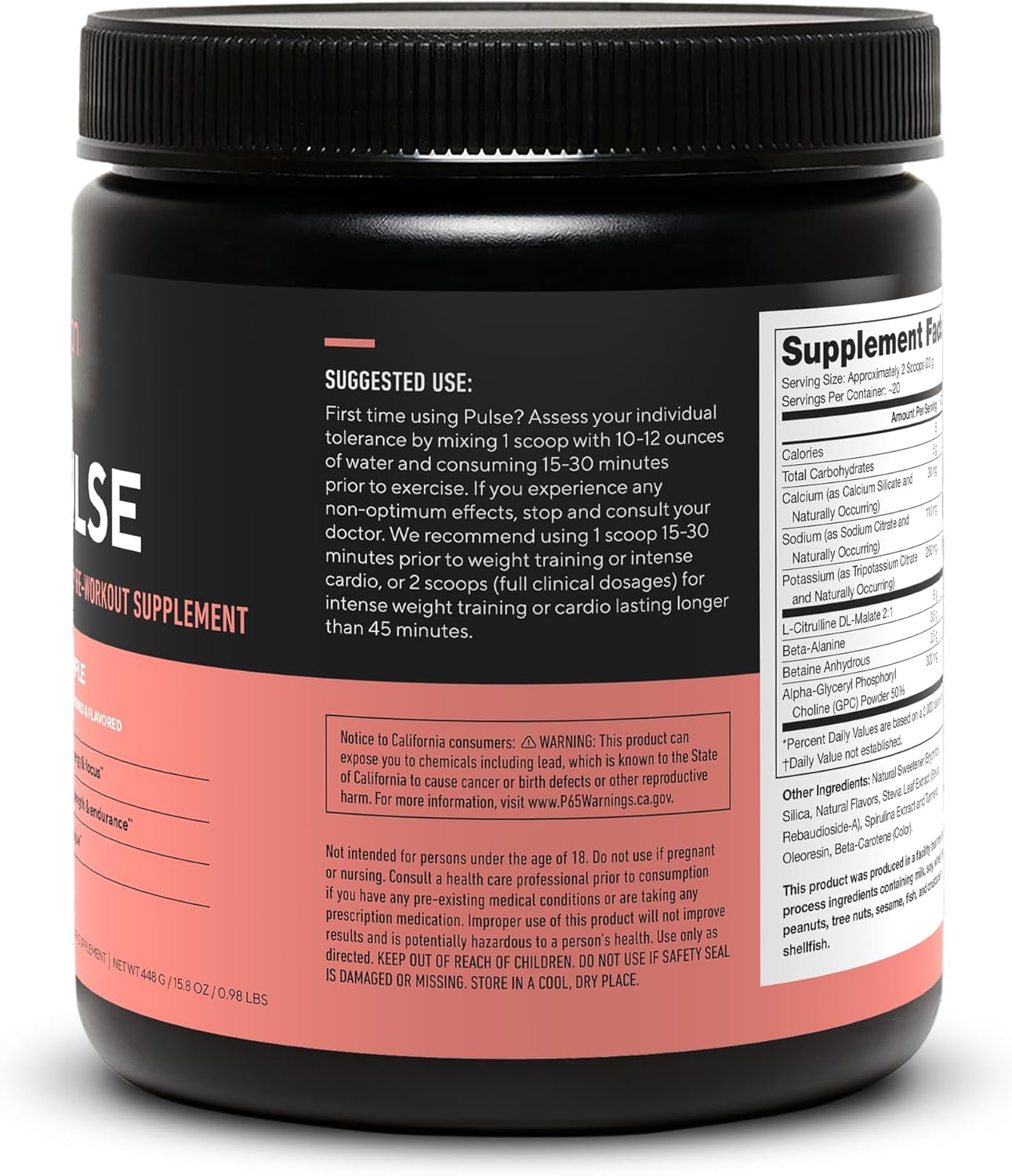 Natural Pre-Workout Drink for Energy Boost - Citrulline, Beta Alanine, Alpha GPC, Caffeine-Free Green Apple - LEGION Pulse Supplement