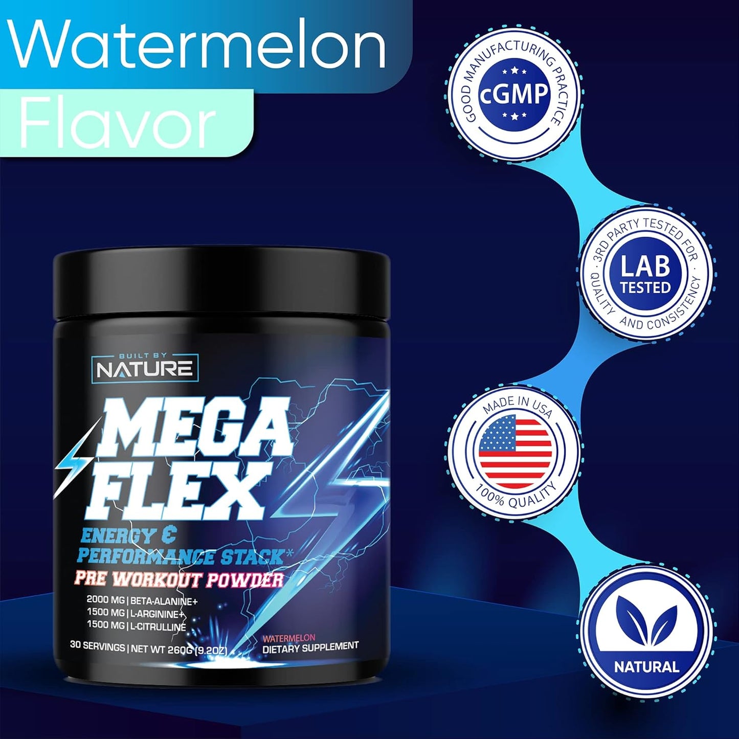 Natural Pre-Workout Powder for Energy, Pump, & Endurance - Sugar-Free Supplement with Caffeine, Amino Acids, & Beta-Alanine - Watermelon Flavor, 30 Servings