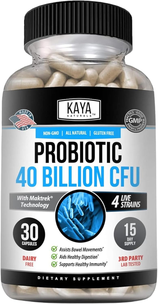 Natural Probiotic 40 Billion CFU Supplement for Gut Health & Immune Support - 30 Count - Women, Men, Adults - Promotes Digestive Health
