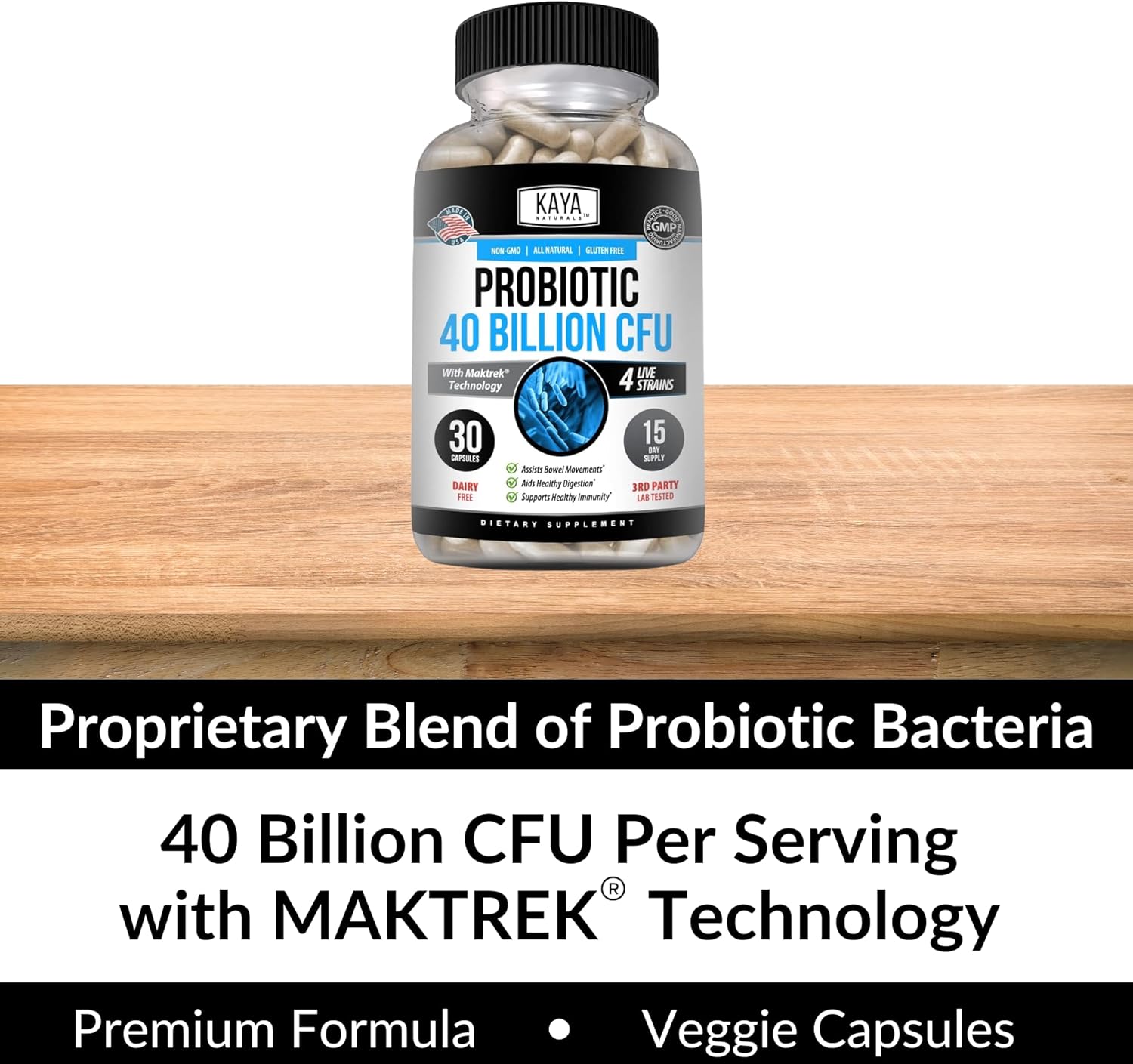 Natural Probiotic 40 Billion CFU Supplement for Gut Health & Immune Support - 30 Count - Women, Men, Adults - Promotes Digestive Health