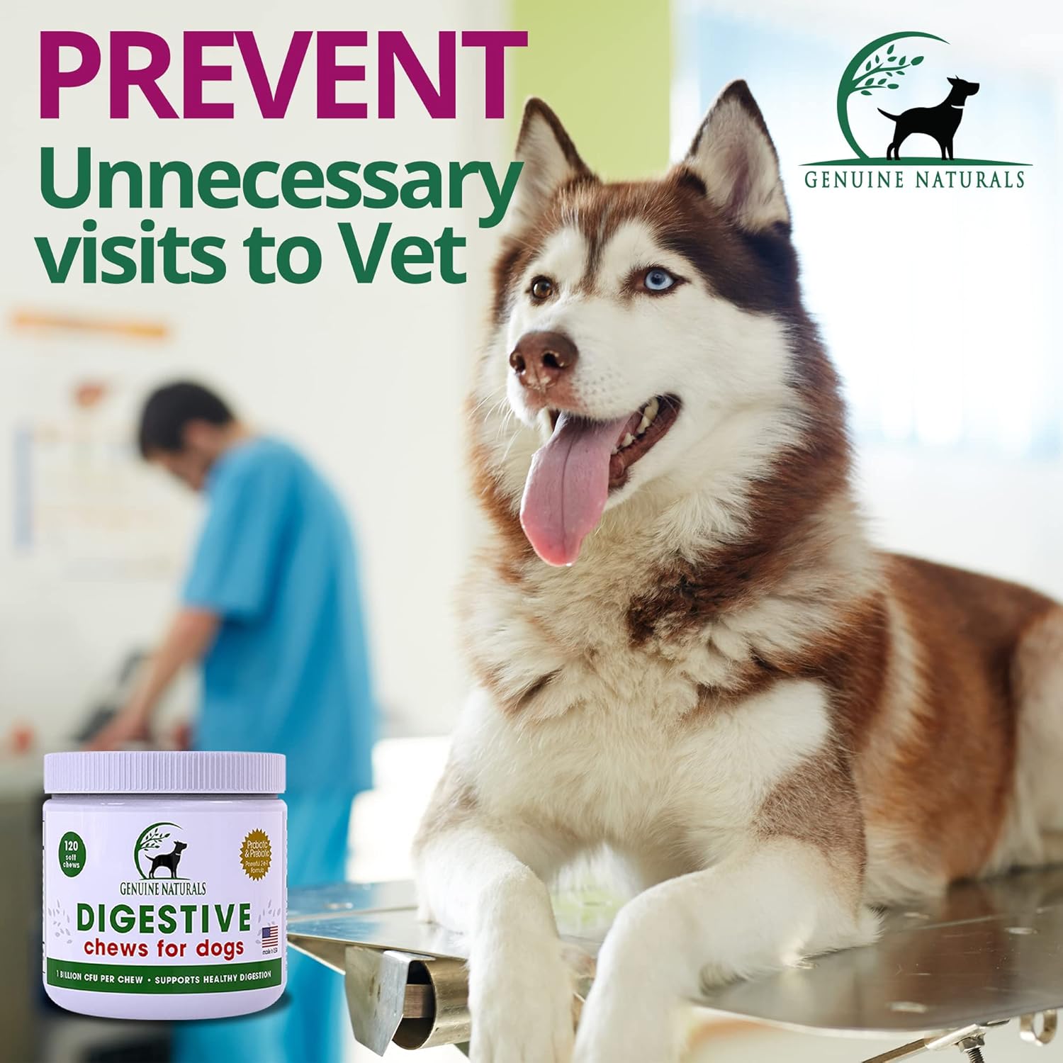 Natural Probiotic Chew for Dogs - Digestive Supplement by FurParents - Supports Gut Health, Diarrhea, Upset Stomach, Bad Breath & Constipation - 120 Count