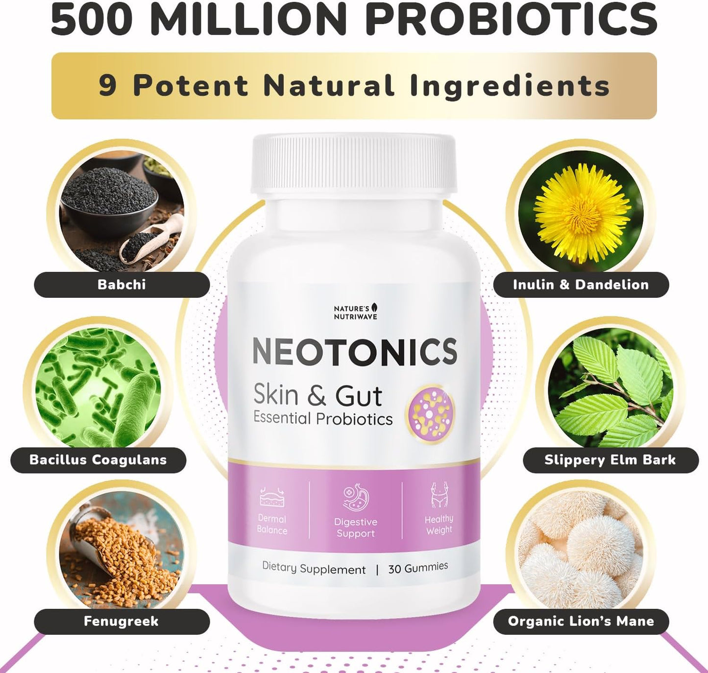 Natural Probiotic Gummies for Skin and Gut Health - Apple Flavor, 30 Gummies, 1 Month Supply for Women & Men