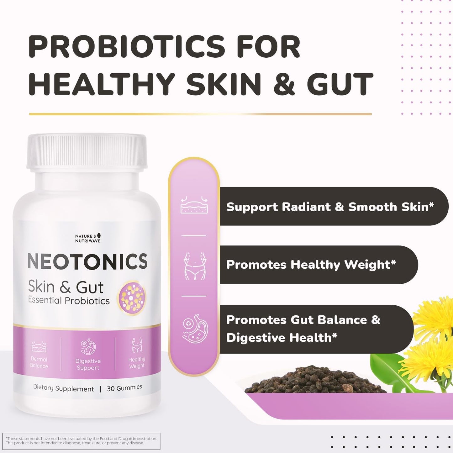 Natural Probiotic Gummies for Skin & Gut Health - Chewable Daily Probiotics for Men & Women - Apple Flavor, 30 Gummies