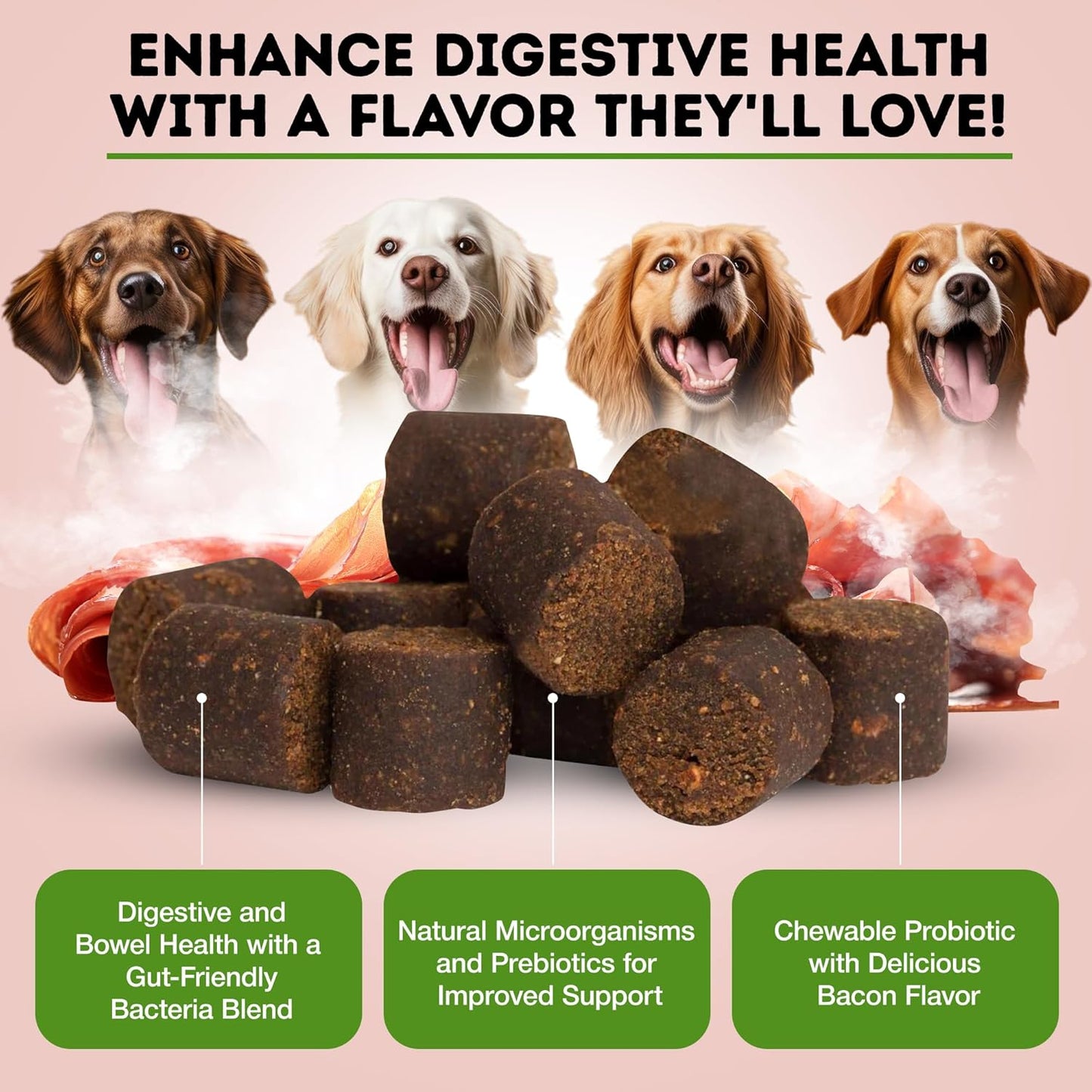Natural Probiotic Supplement for Dogs and Cats - Supports Digestive Health, Enzyme Formula, Puppy & Canine Soft Chews, Stomach Relief & Gas Aid, 60 Count