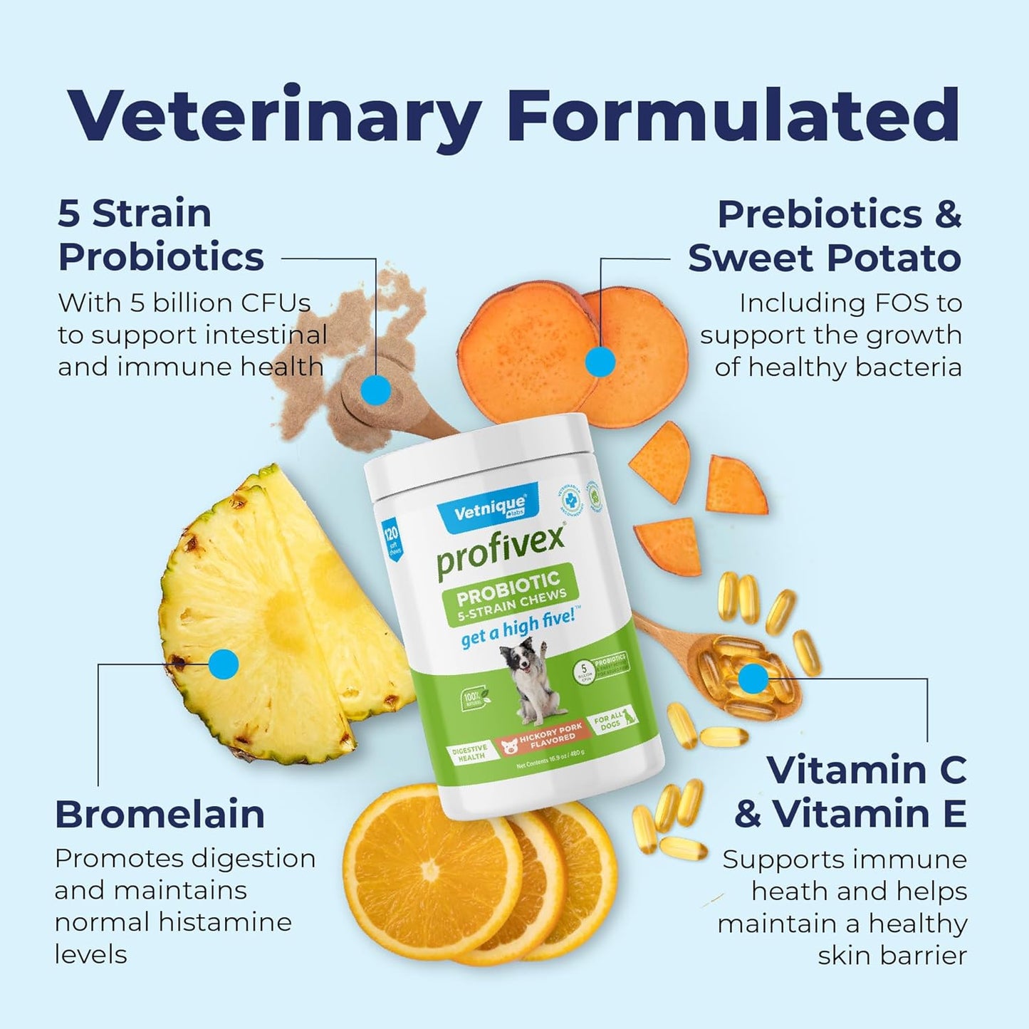 Natural Probiotic Supplements for Dogs - Vetnique Labs Profivex Probiotics with 5 Strains & Prebiotics - Digestive Health Chews & Powder (120ct)
