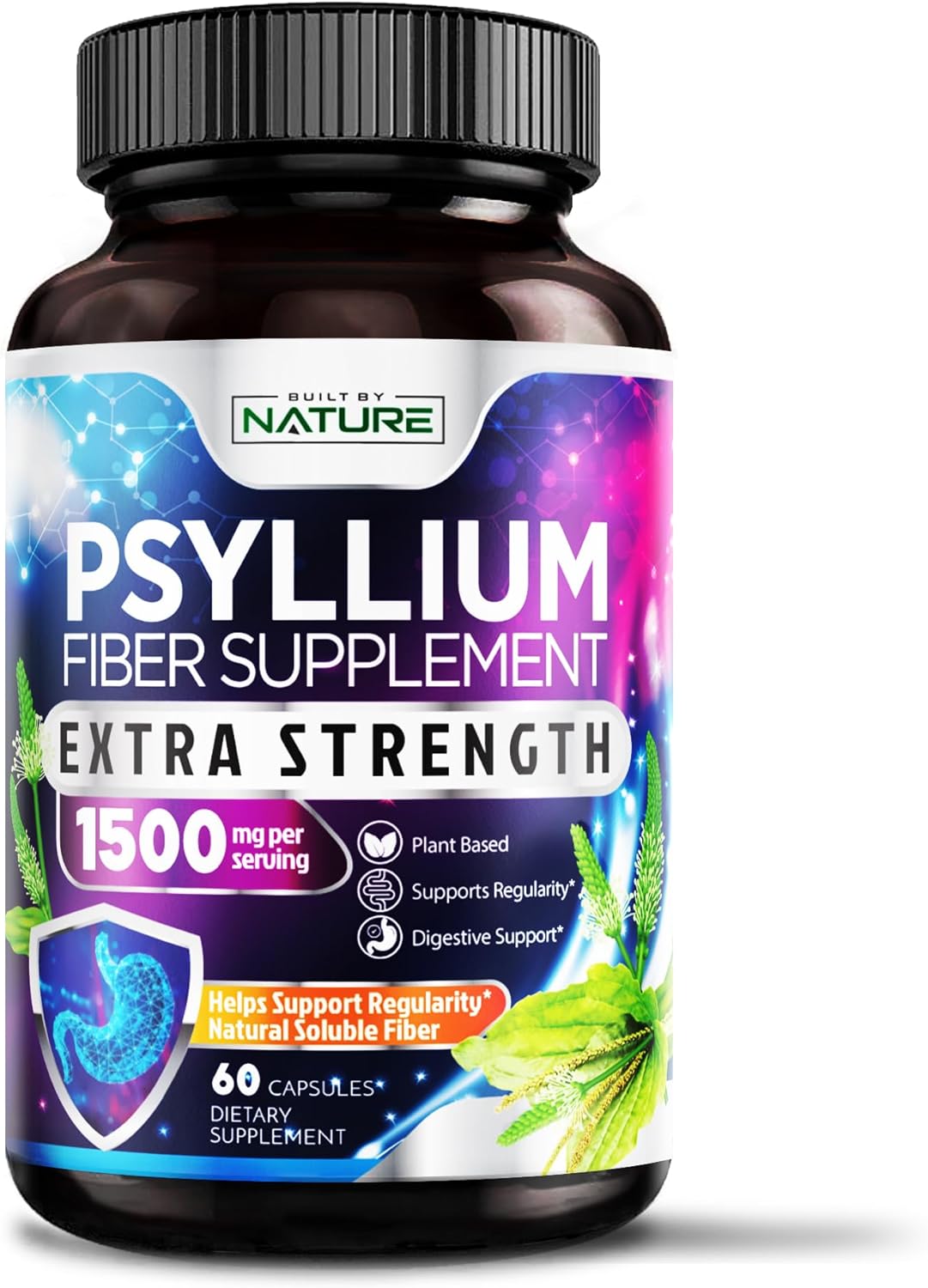 Natural Psyllium Husk Capsules 1500mg - Soluble Fiber Supplement for Digestive Health - Gut and Colon Support - Non-GMO, Gluten-Free, Vegan - 60 Capsules