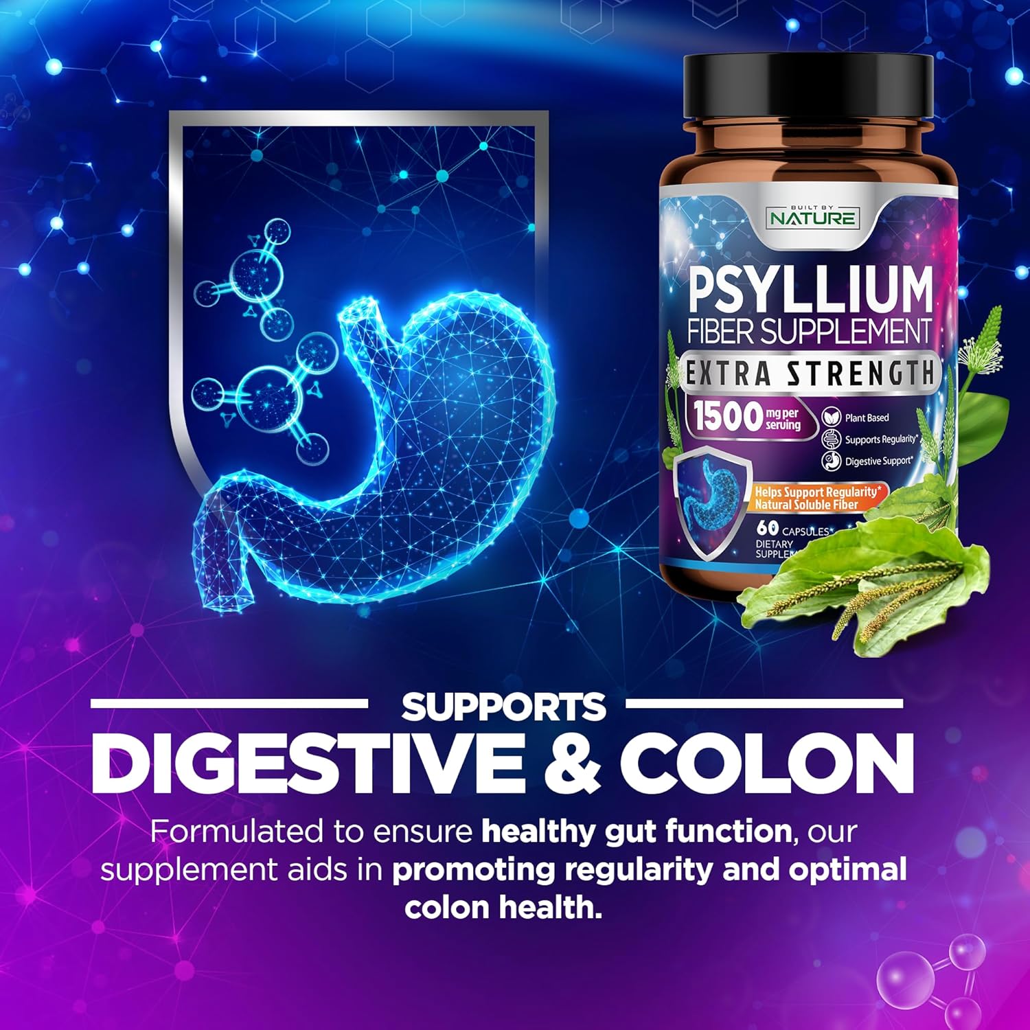 Natural Psyllium Husk Capsules 1500mg - Soluble Fiber Supplement for Digestive Health - Gut and Colon Support - Non-GMO, Gluten-Free, Vegan - 60 Capsules