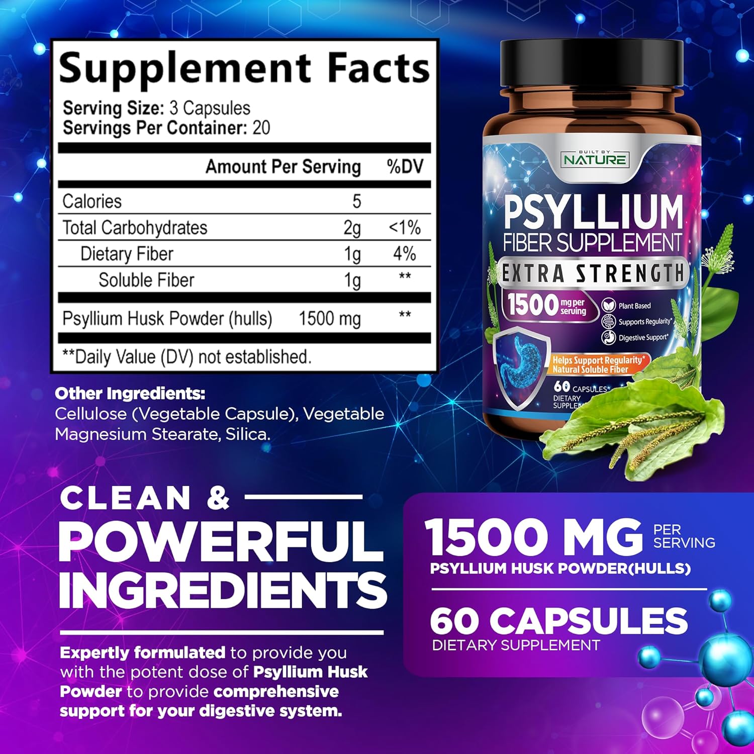 Natural Psyllium Husk Capsules 1500mg - Soluble Fiber Supplement for Digestive Health - Gut and Colon Support - Non-GMO, Gluten-Free, Vegan - 60 Capsules