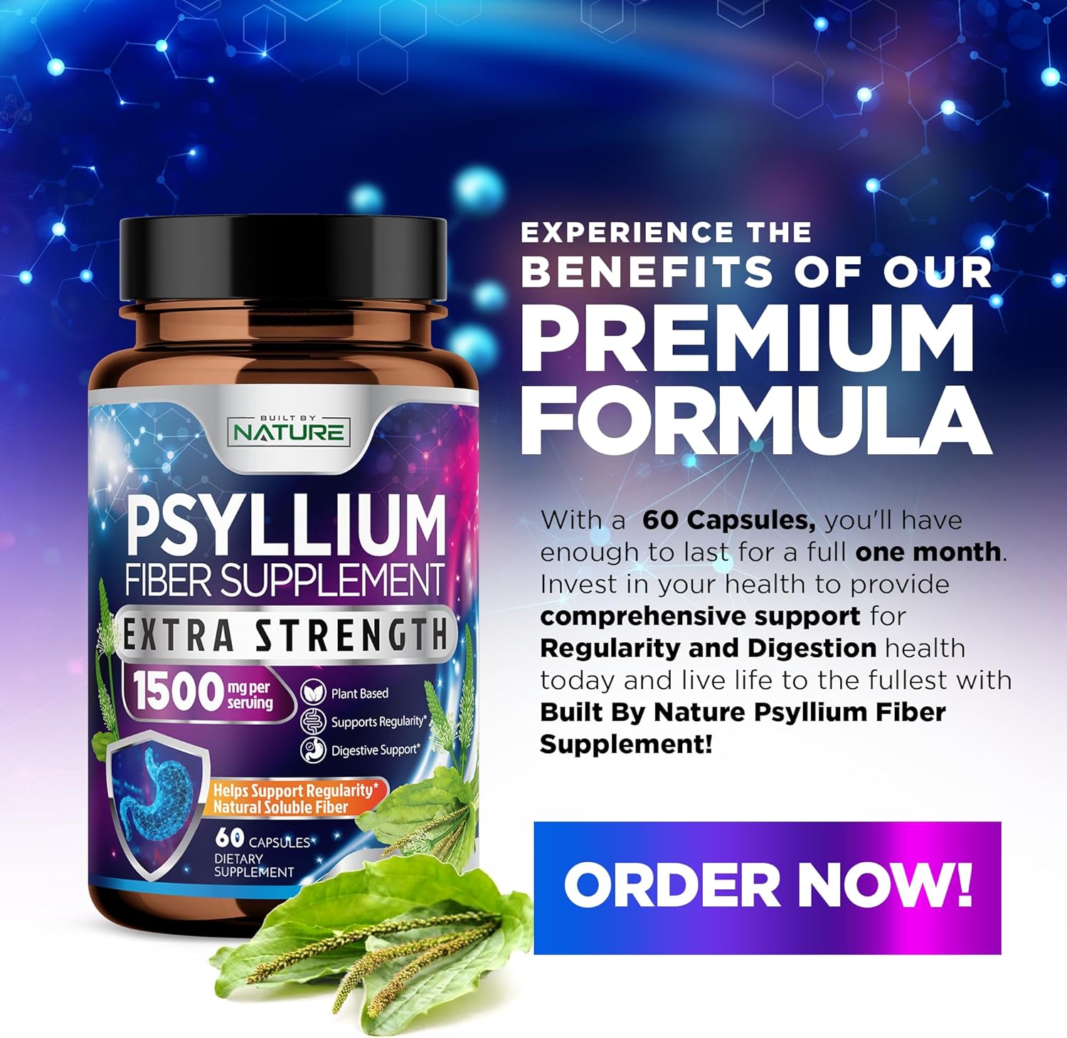 Natural Psyllium Husk Capsules 1500mg - Soluble Fiber Supplement for Digestive Health - Gut and Colon Support - Non-GMO, Gluten-Free, Vegan - 60 Capsules