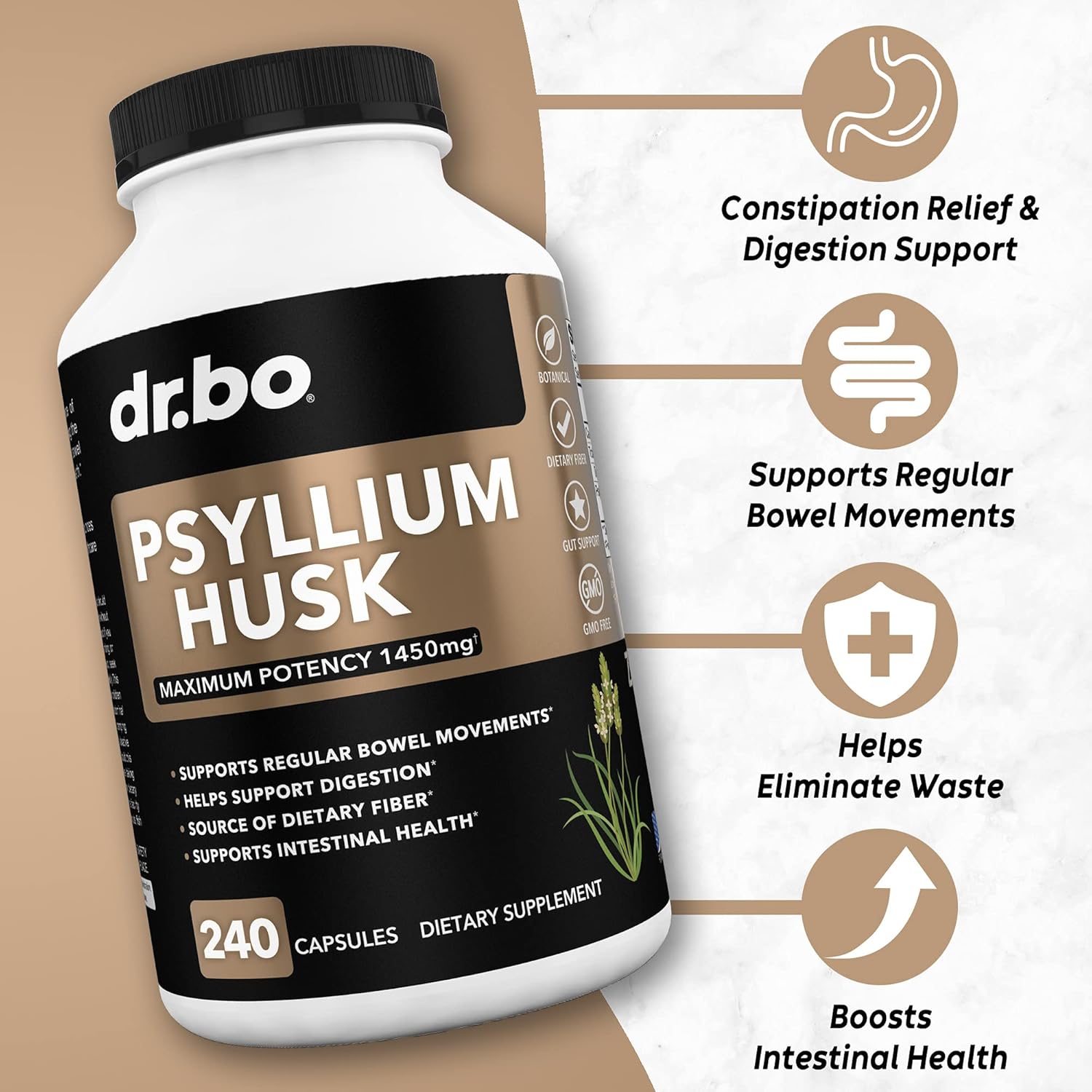 Natural Psyllium Husk Capsules for Constipation Relief - Fiber Supplement for Adults - Soluble Fiber Pills for Daily Regularity - Digestion Support