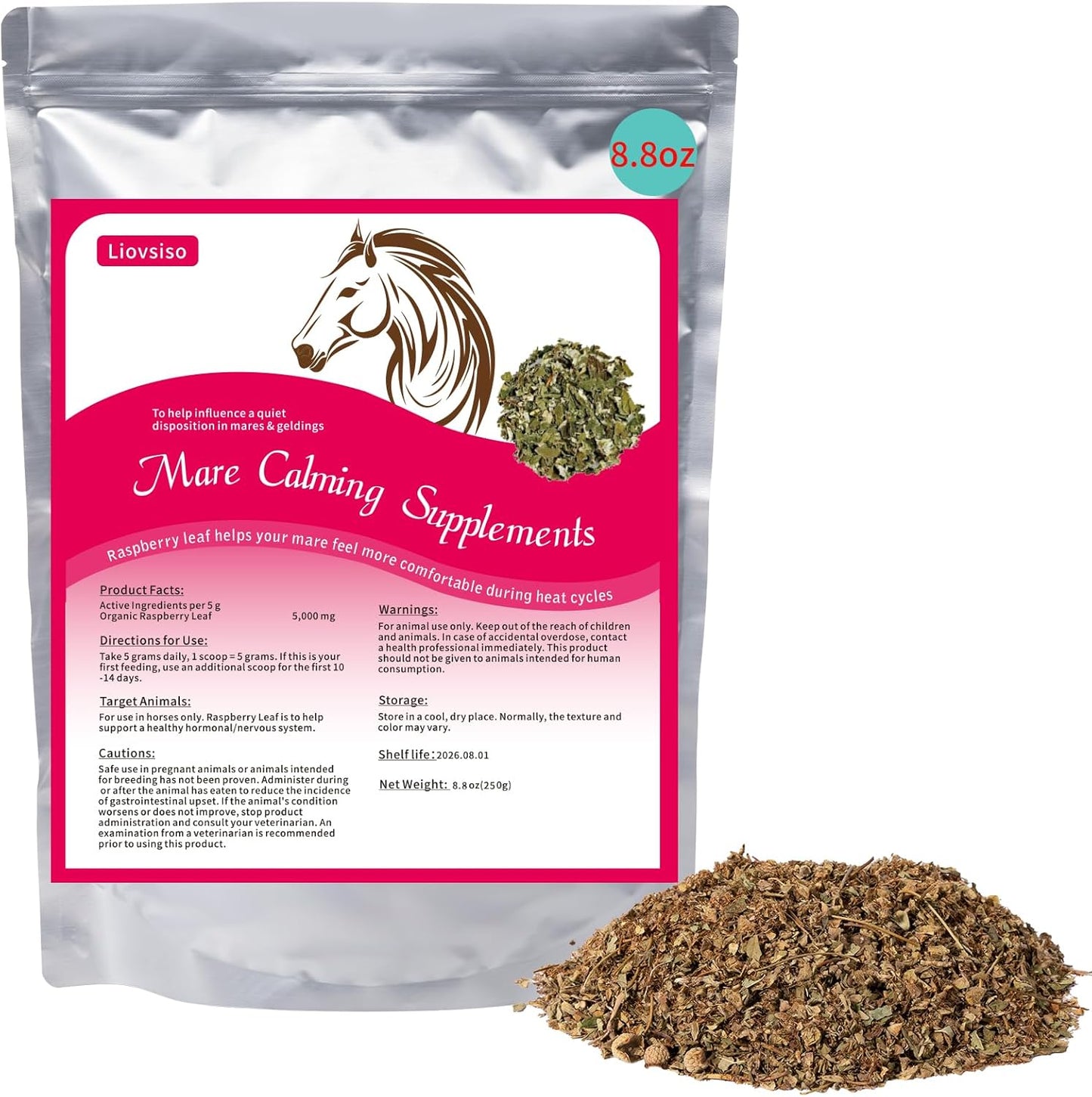 Natural Raspberry Leaf Horse Calming Supplement - 8.8 oz - Eases Anxiety and Discomfort in Mares - Calms During Heat Cycles - Suitable for Geldings