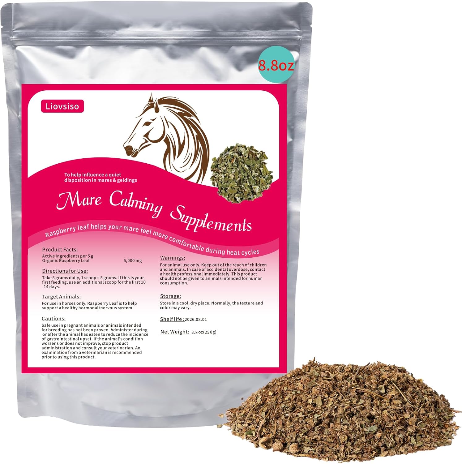 Natural Raspberry Leaf Horse Calming Supplement - 8.8 oz - Eases Anxiety and Discomfort in Mares - Calms During Heat Cycles - Suitable for Geldings