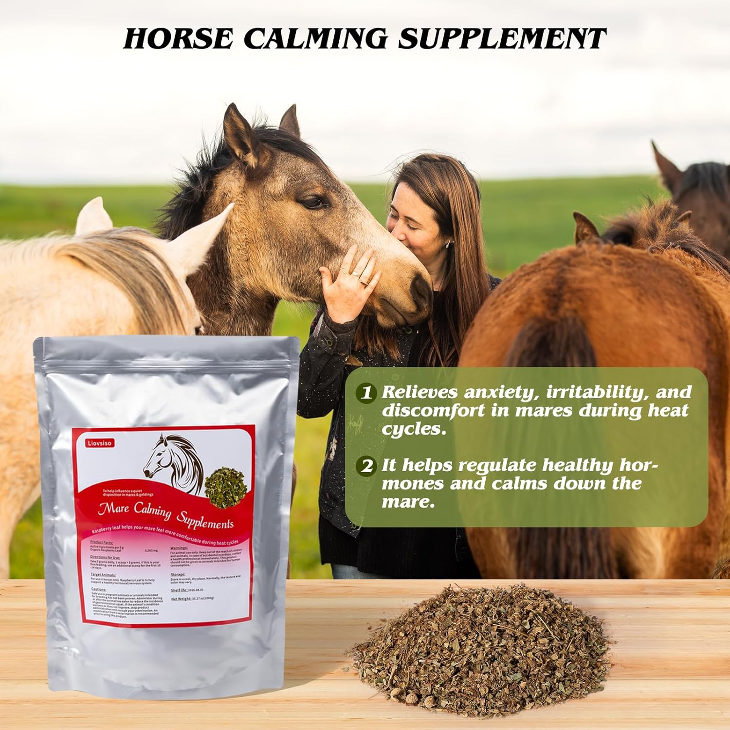 Natural Raspberry Leaf Horse Calming Supplement - 8.8 oz - Eases Anxiety and Discomfort in Mares - Calms During Heat Cycles - Suitable for Geldings