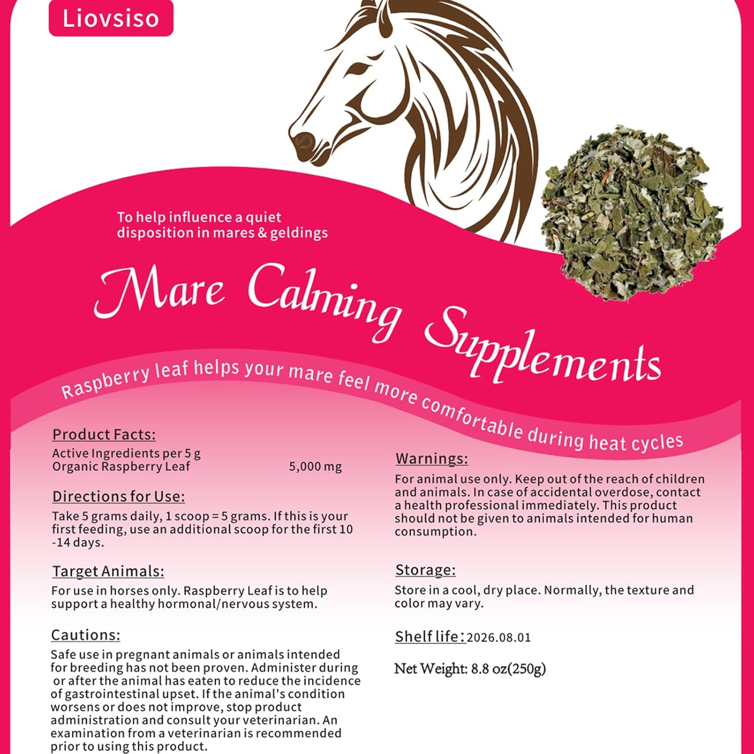 Natural Raspberry Leaf Horse Calming Supplement - 8.8 oz - Eases Anxiety and Discomfort in Mares - Calms During Heat Cycles - Geldings Suitable