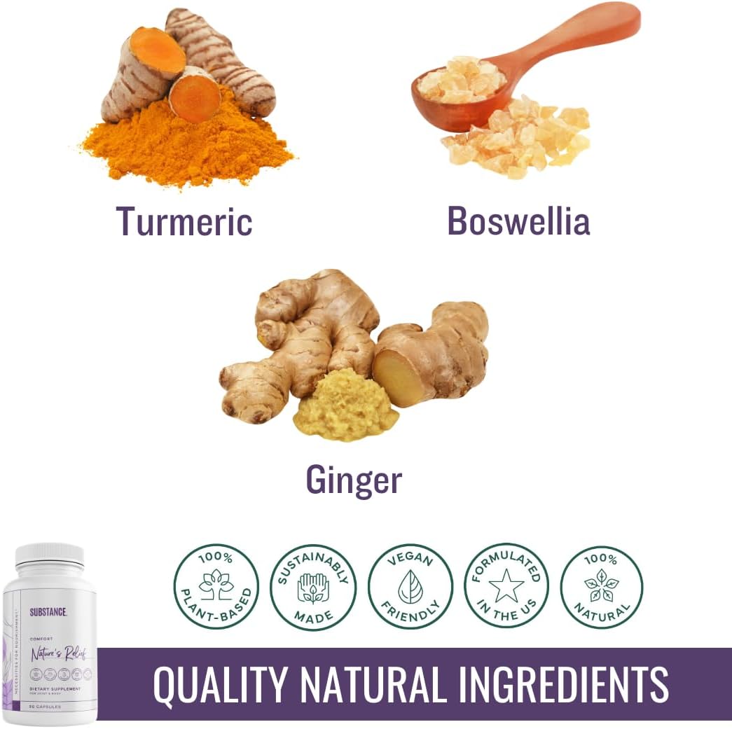 Natural Relief Blend | Turmeric, Boswellia & Ginger Supplement | Ease Body Aches & Improve Mobility | Non-GMO (30 Servings)