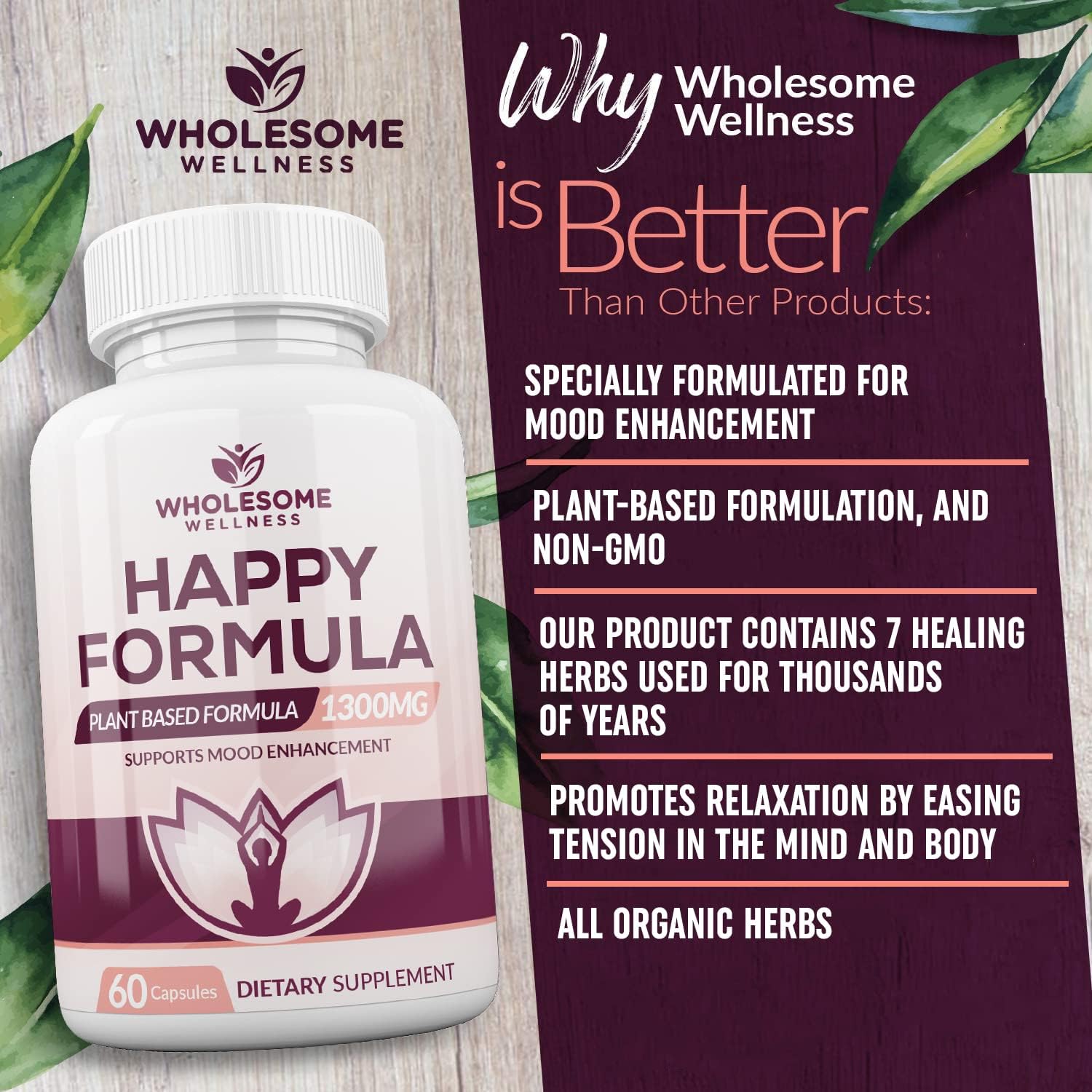 Natural Relief Supplement for Women & Men | Wholesome Wellness Happy Formula - 60 Capsules