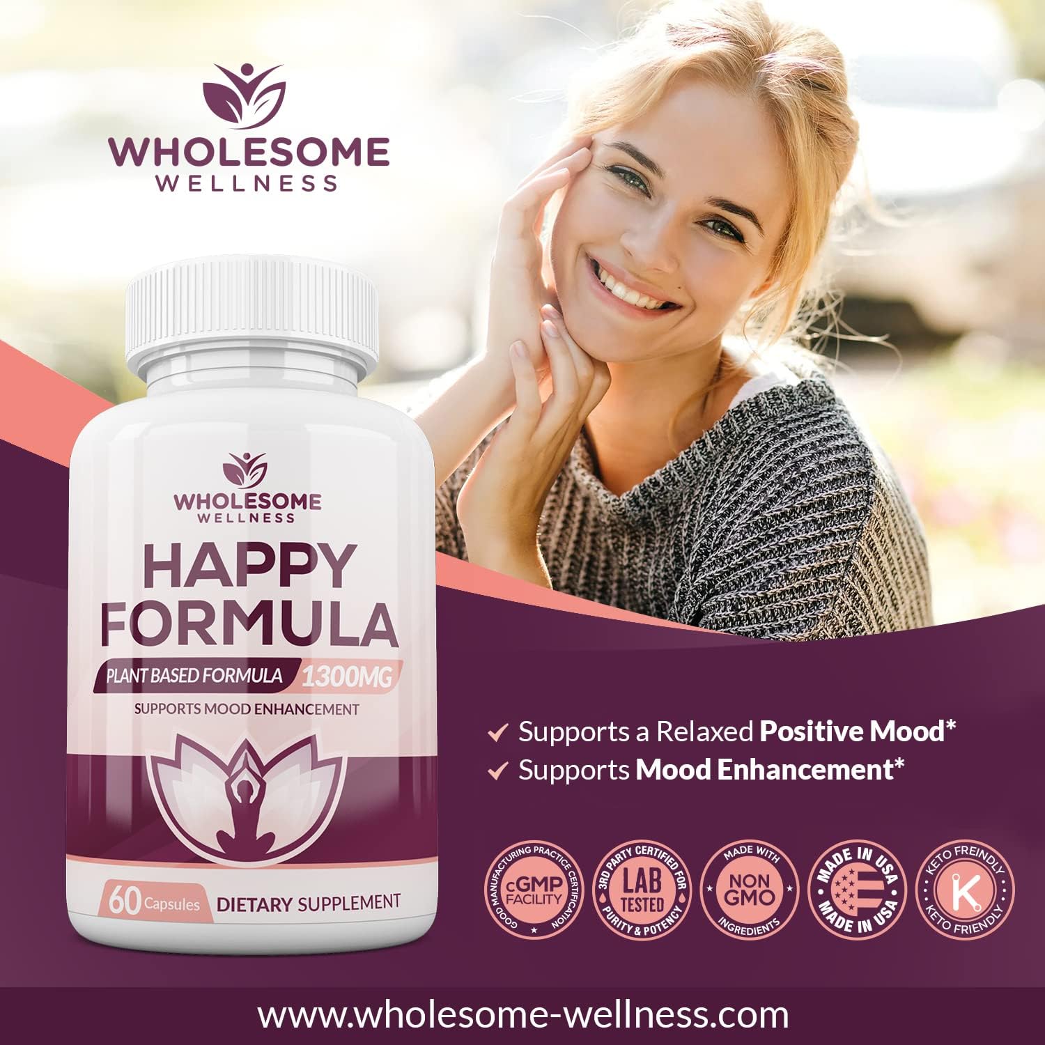 Natural Relief Supplement for Women & Men | Wholesome Wellness Happy Formula - 60 Capsules