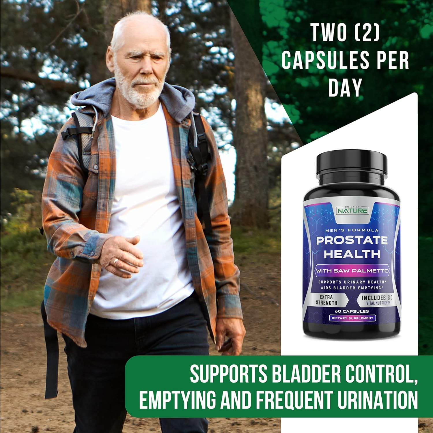 Natural Saw Palmetto Supplement for Men - Prostate & Urinary Health, Non-GMO, Gluten-Free, Supports Bladder Emptying, Reduces Inflammation & Balding - 60 Capsules