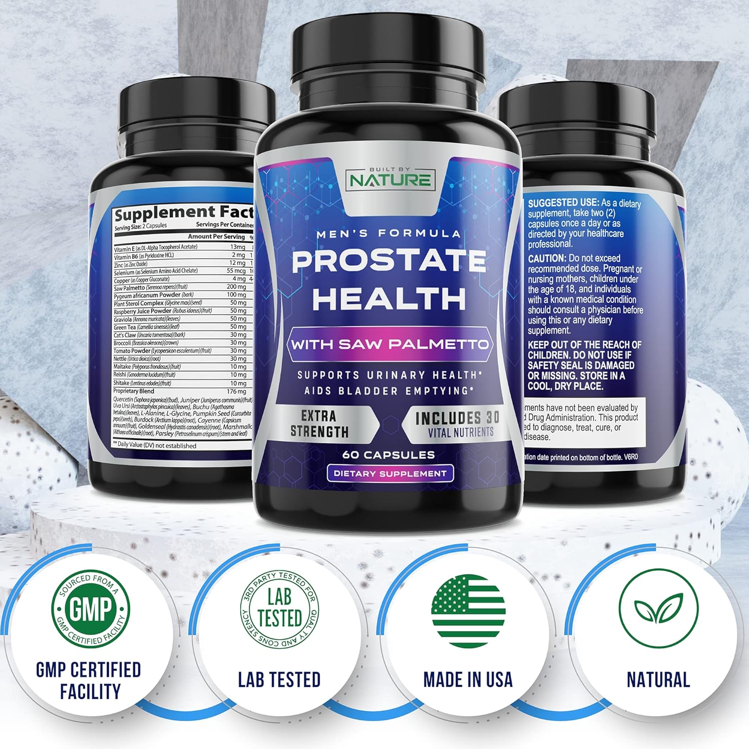 Natural Saw Palmetto Supplement for Men - Prostate & Urinary Health, Non-GMO, Gluten-Free, Supports Bladder Emptying, Reduces Inflammation & Balding - 60 Capsules