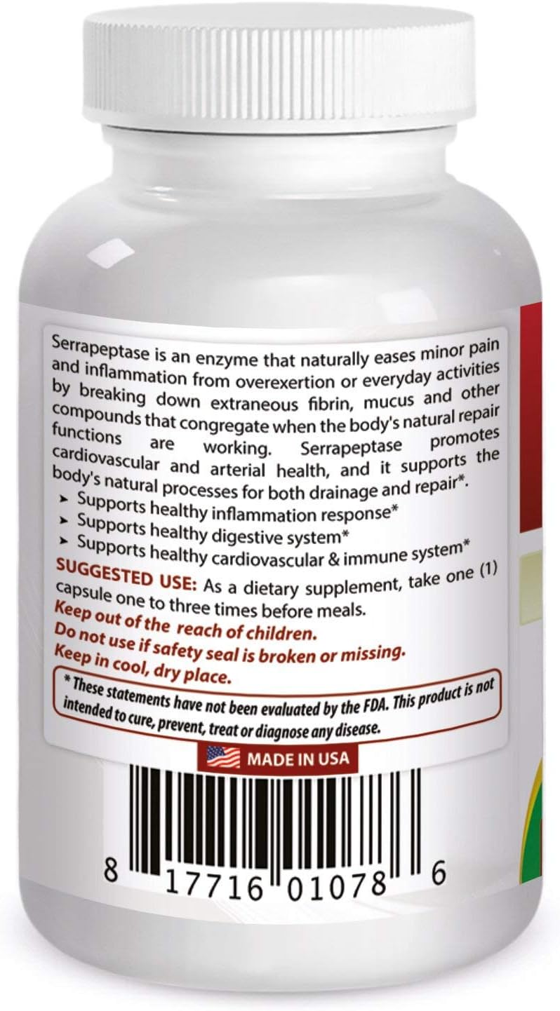 Natural Serrapeptase 40000 SPUs - 180 Capsules - Top Quality Formula