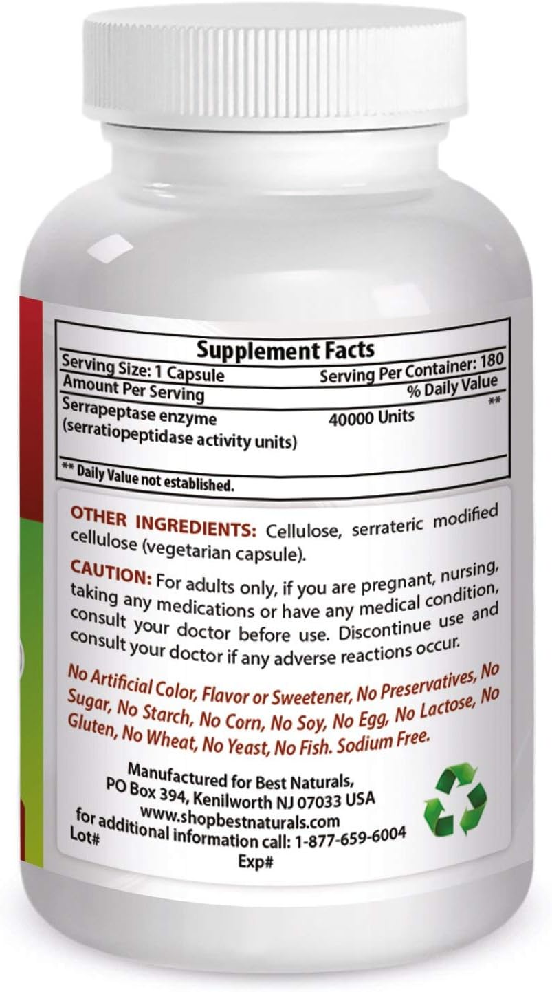 Natural Serrapeptase 40000 SPUs - 180 Capsules - Top Quality Formula