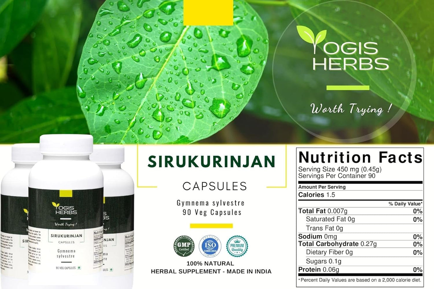 Natural Sirukurinjan Capsules - Herbal Digestive, Metabolic, & Immune Support - 90 Veg Capsules by YOGIS HERBS