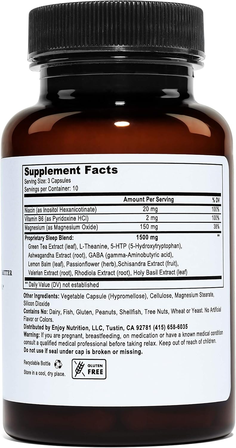 Natural Sleep Support Supplement with GABA, L-Theanine, Valerian Root, 5-HTP, Lemon Balm - 30 Vegetarian Capsules for Relaxation and Calmness