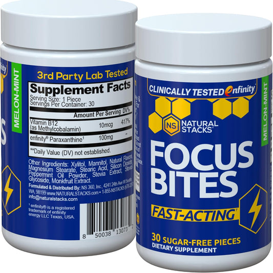 Natural Stacks Focus Bites - Clinically Tested Paraxanthine Supplement for Productivity & Cognition - Caffeine-Free Melon Mint Chewables - 30 Count