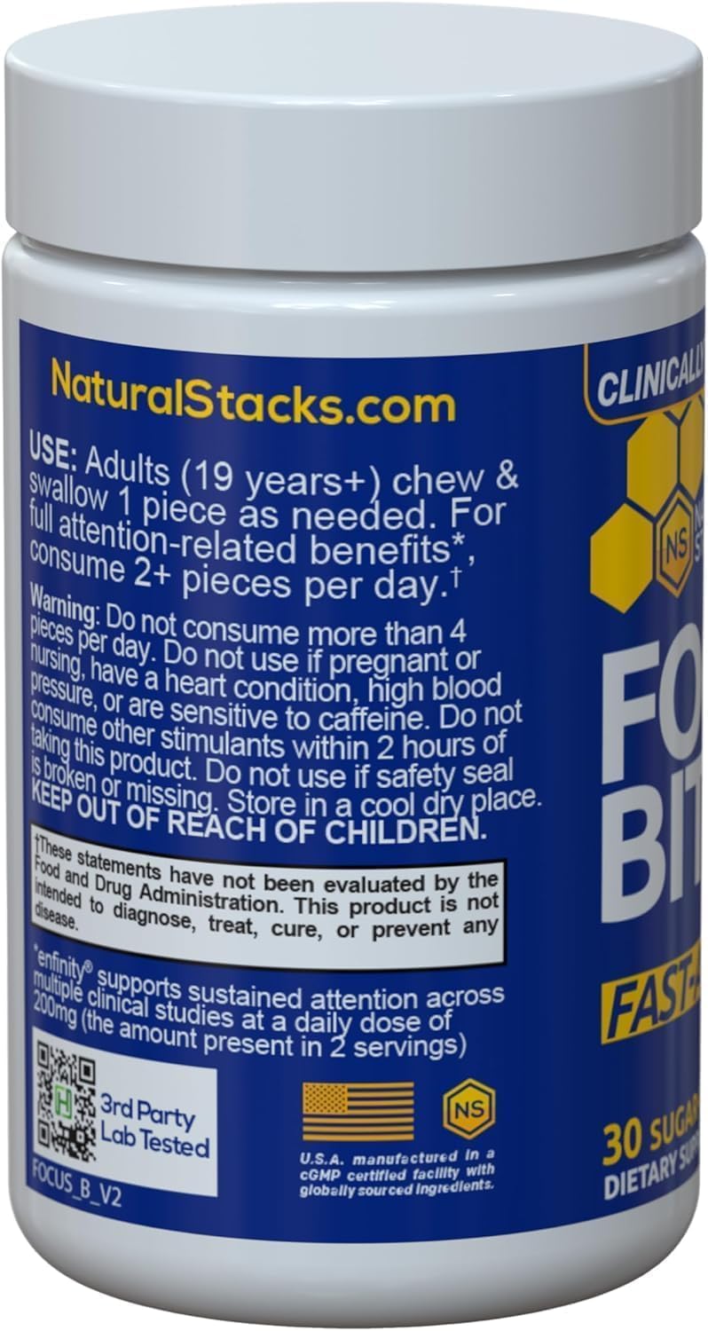 Natural Stacks Focus Bites - Clinically Tested Paraxanthine Supplement for Productivity & Cognition - Caffeine-Free Melon Mint Chewables - 30 Count
