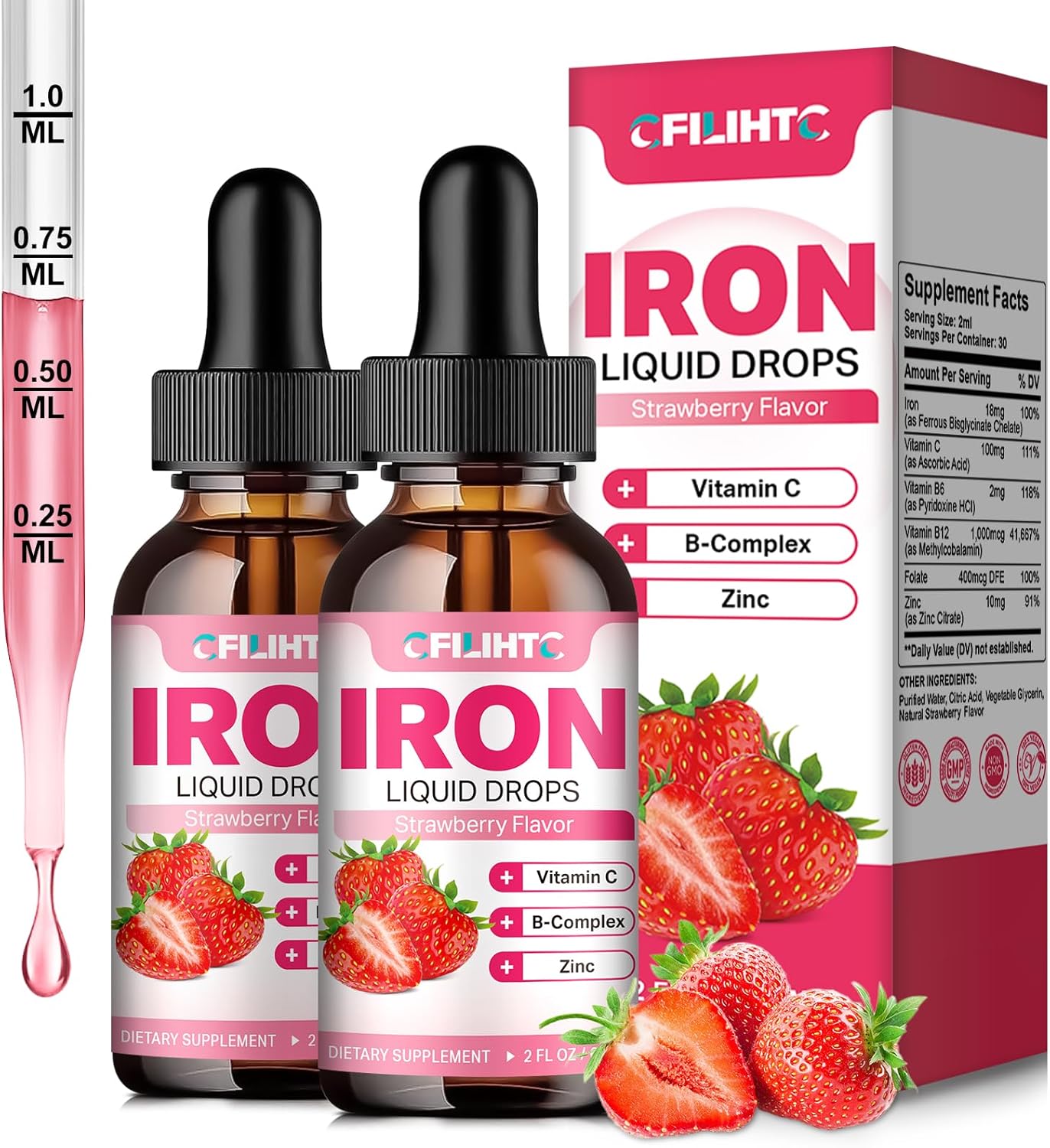Natural Strawberry Flavored Liquid Iron Supplement with Folate, Vitamin C, B6, B12, and Zinc for Anemia, Iron Deficiency - Vegan Multivitamin Drops for Women, Men, and Kids - 4 Fl Oz